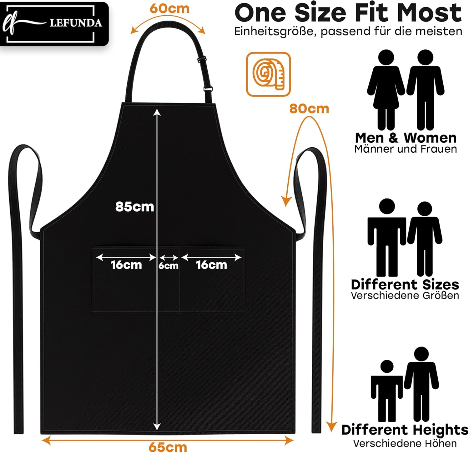 Tablier de cuisine - modèle étanche 3 poches - réglable unisexe, longues lanières, usage pro, BBQ, jardin