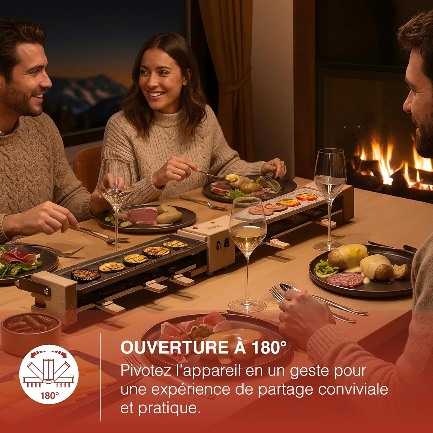 H.Koenig - WOD360 - raclette 8 personnes, 1400W, pierre granit, socle pivotant 180°