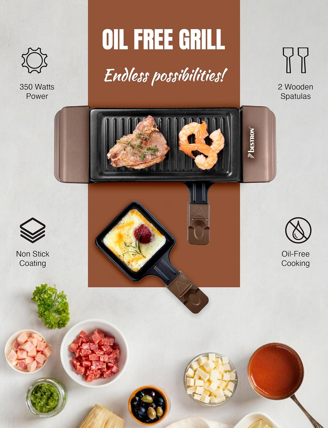 Bestron - Mini raclette cuivre 2 pers, 350W, antiadhésif, compact