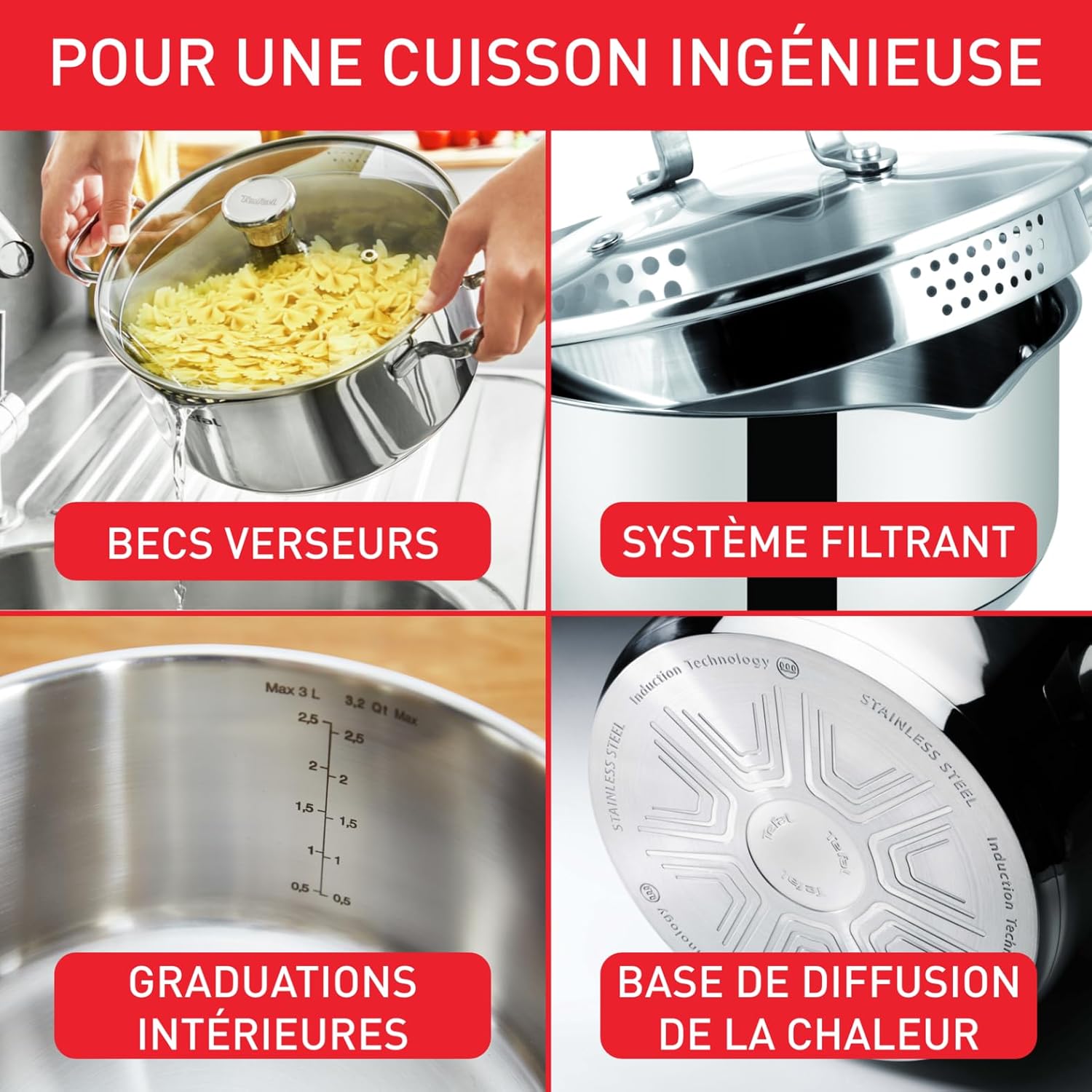 Tefal - Duetto A7054 - faitout 16cm inox induction, couvercle filtrant