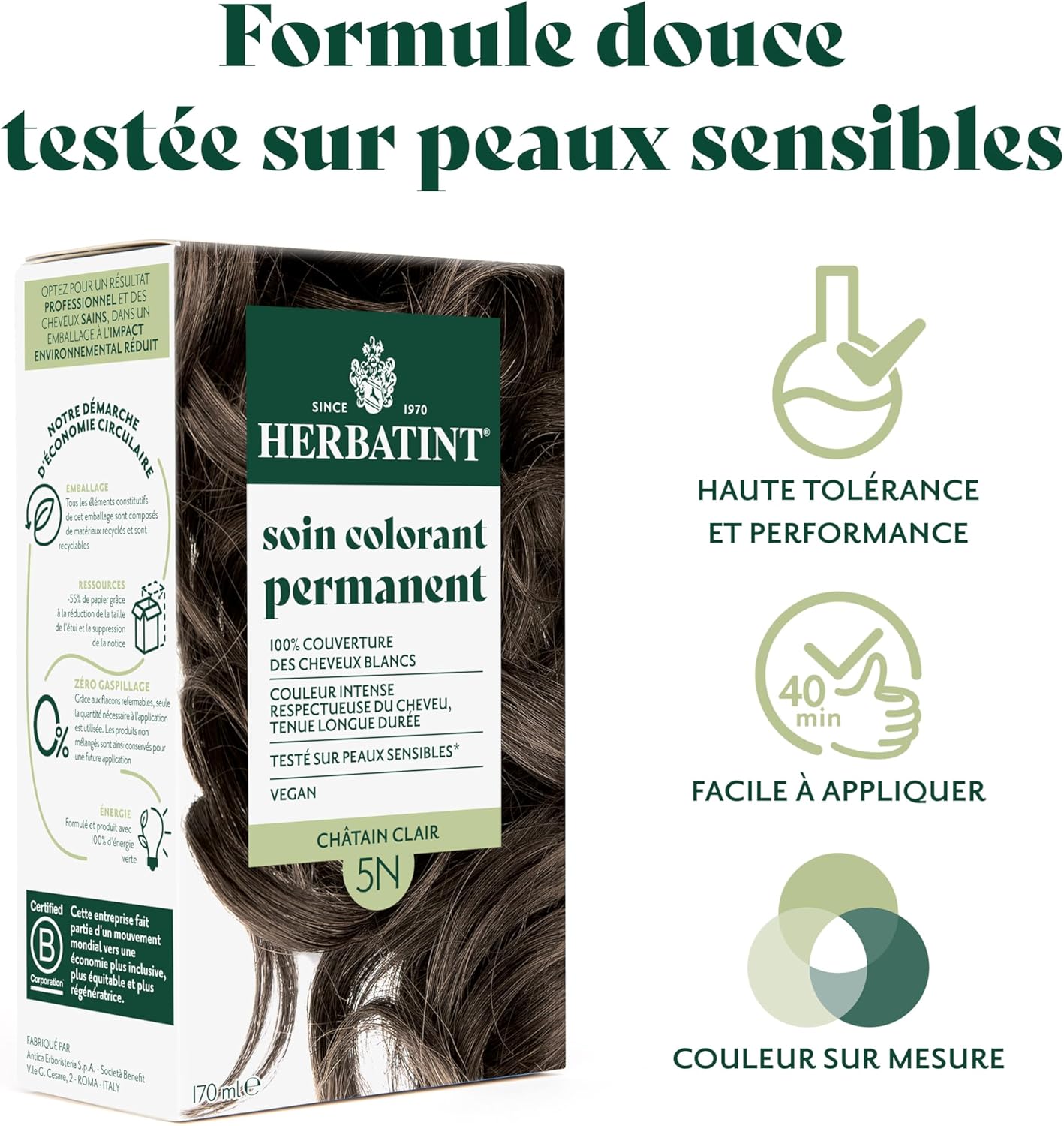 Herbatint - soin colorant 170 ml - sans ammoniaque, couvre 100% des cheveux blancs, testé dermatologiquement 5N
