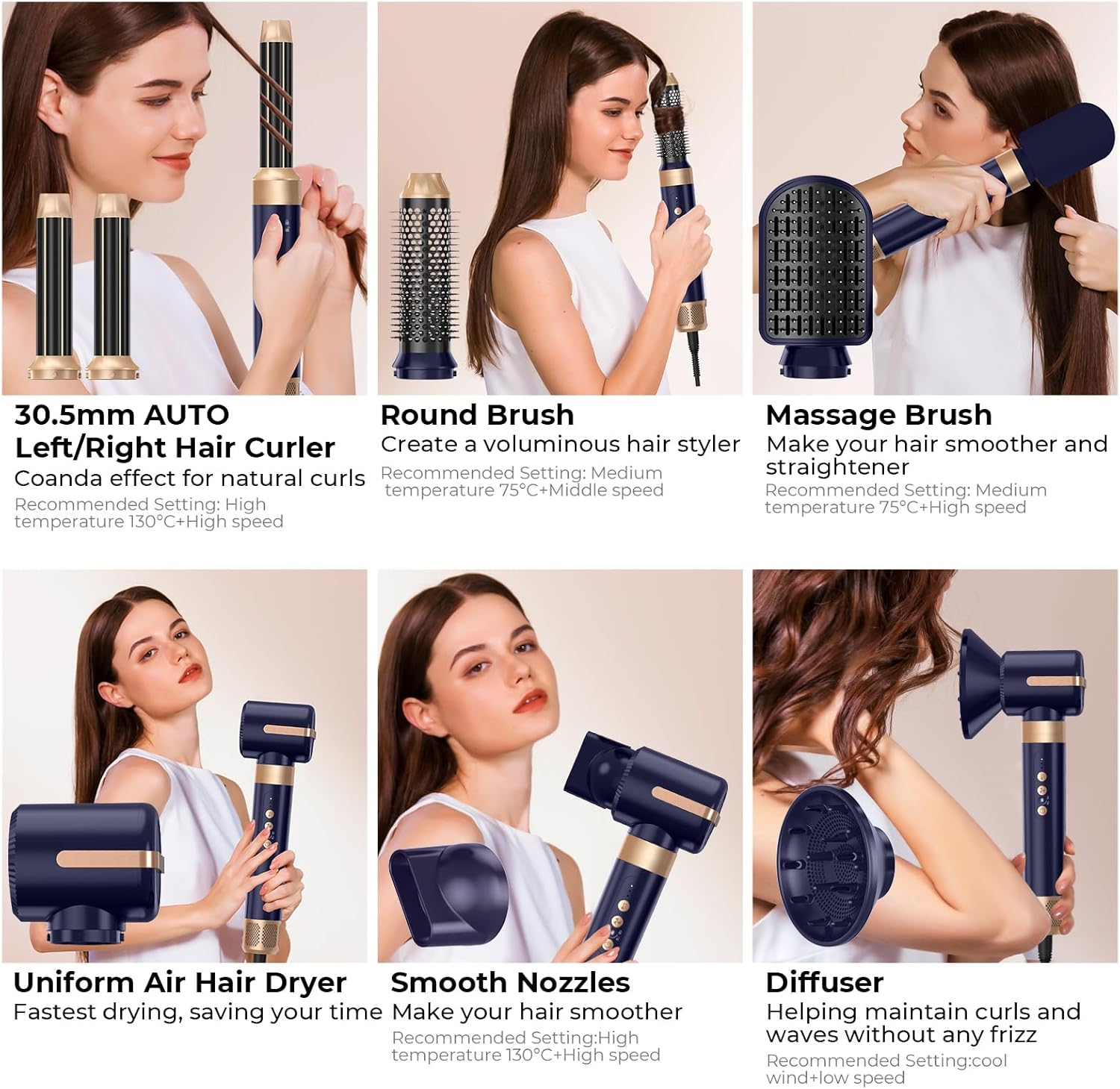 Sèche-cheveux Air Styler 7 en 1, 1400W, 3 températures, fer à boucler 30mm, diffuseur