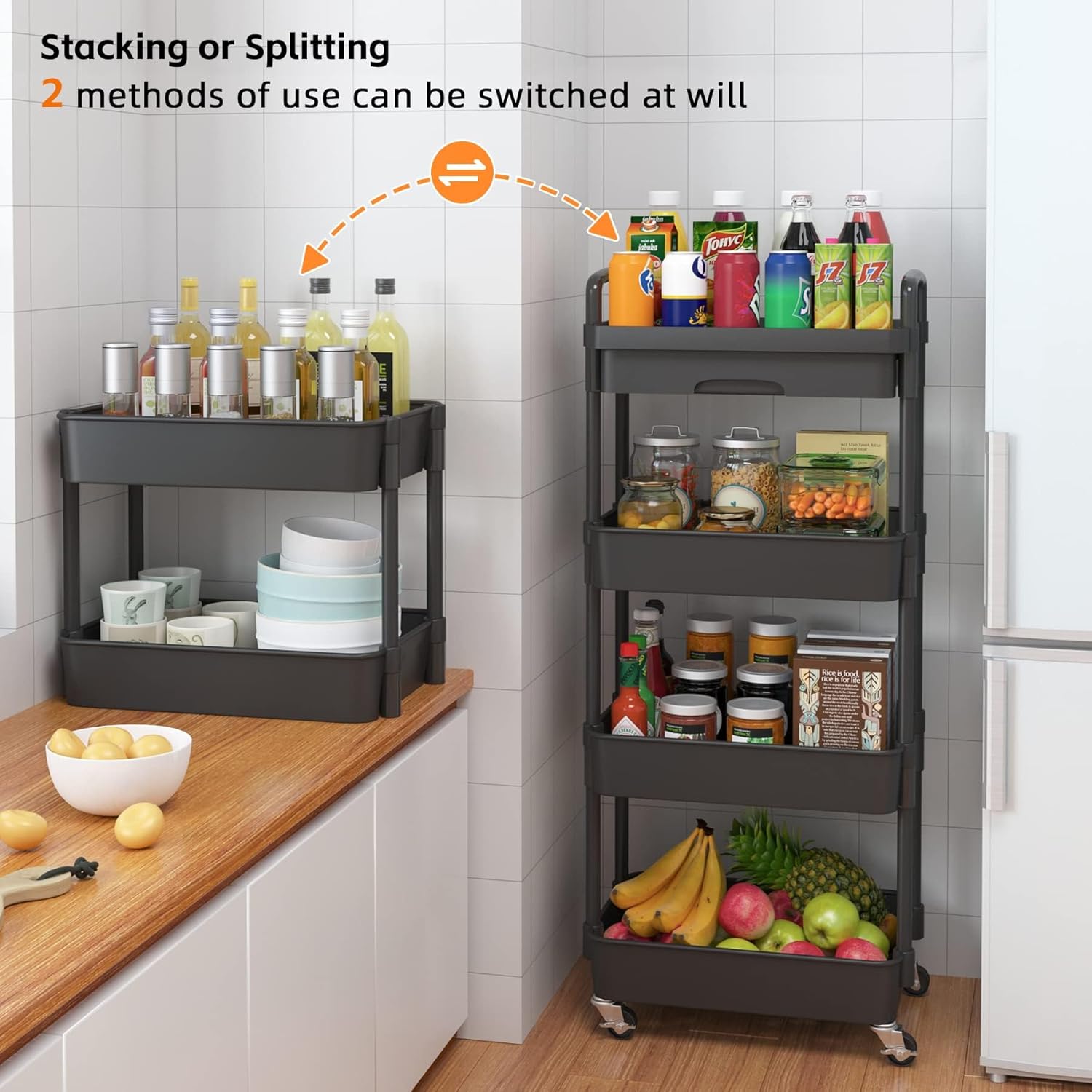 Chariot de rangement - 4 niveaux - plastique, roulettes, tiroir, compact