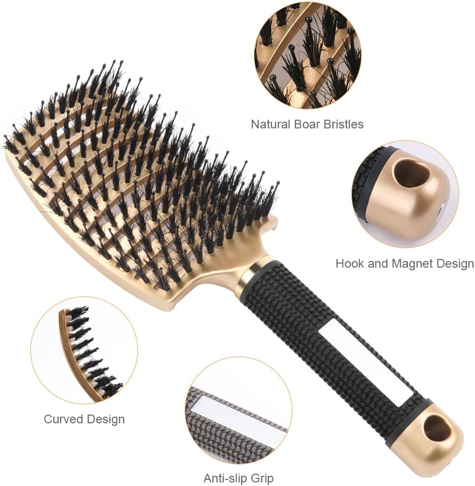 URAQT - Brosse démêlante poils sanglier - cheveux longs épais, anti-frisottis, séchage rapide