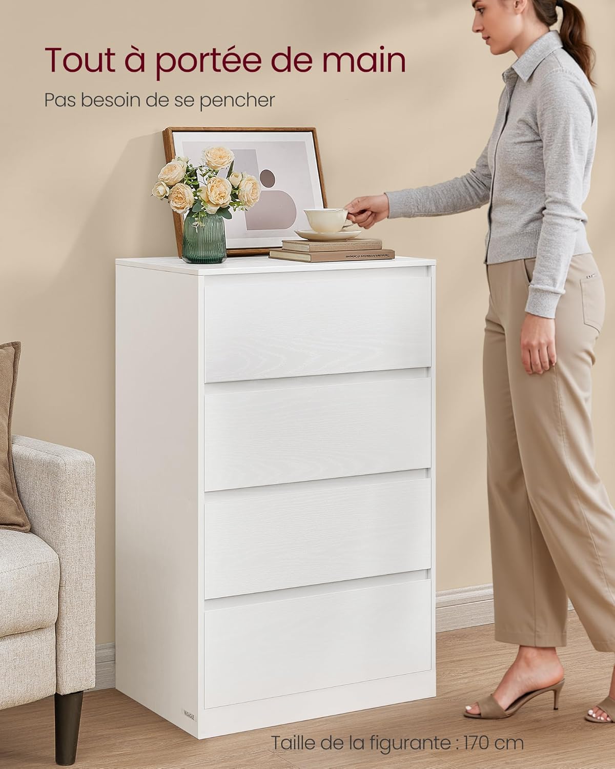 VASAGLE - Kailyn Collection - 40x60x97,4 cm - commode 4 tiroirs moderne blanche - LTS614WE02