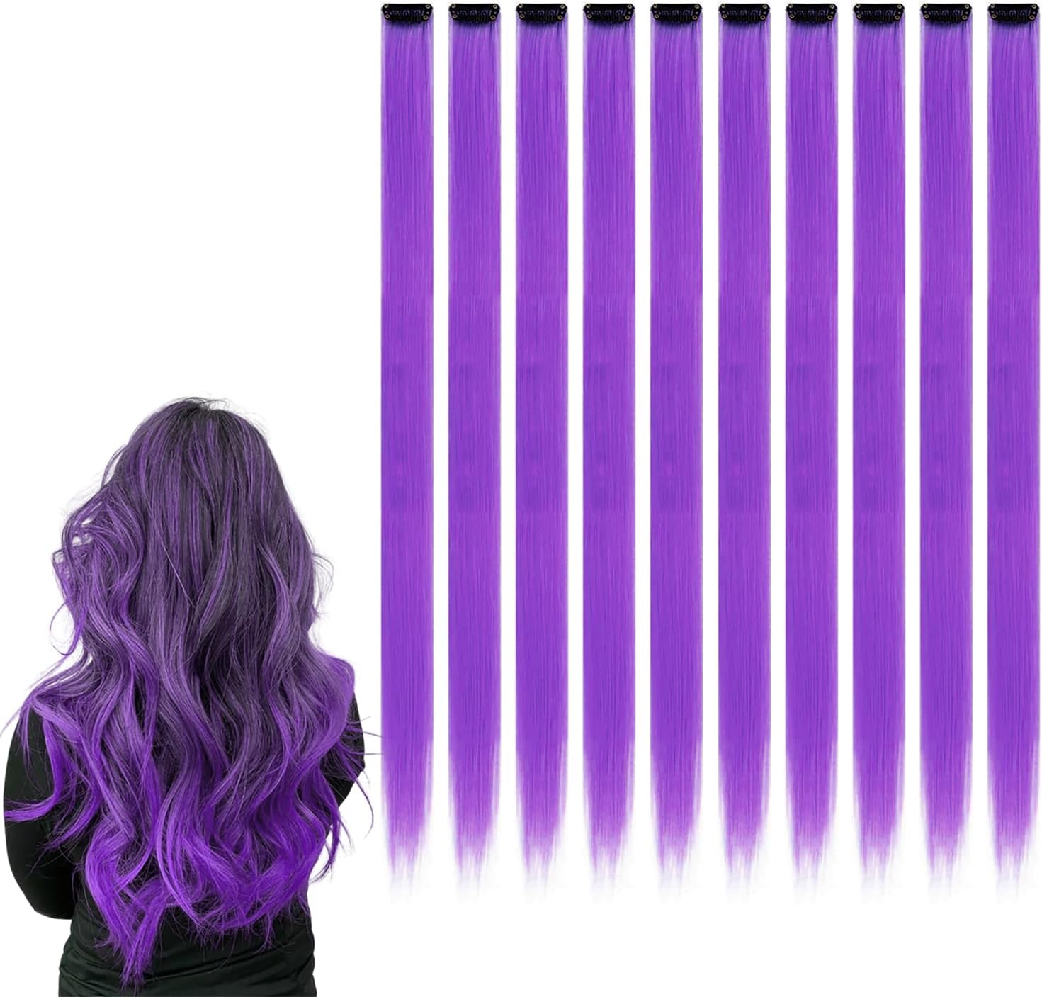 Extensions cheveux - 22 pouces - mèches clip colorées, raides, violet, lot de 10