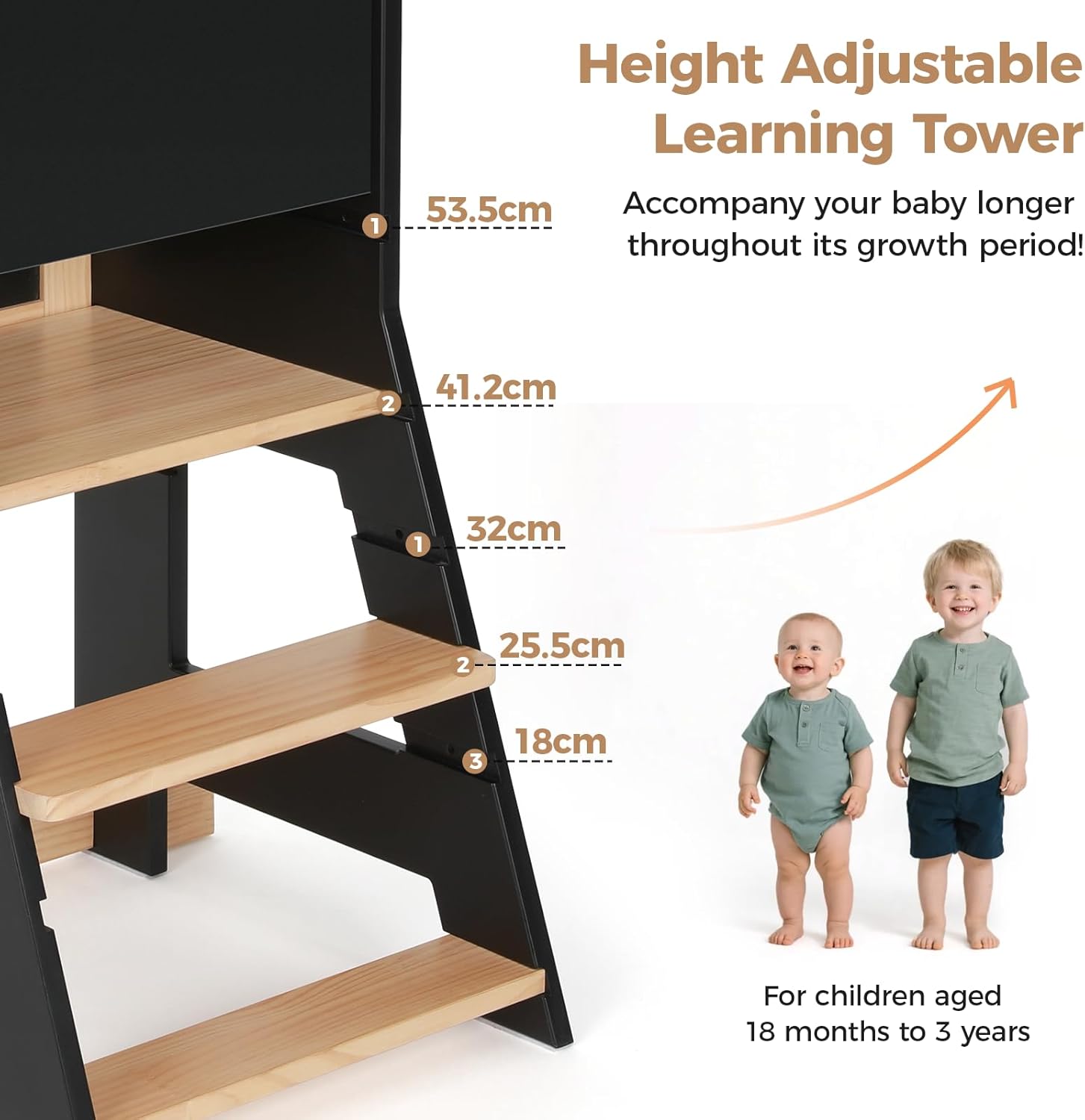 KIDINIX - Tour d'apprentissage réglable, bois/noir, anti-basculement, tableau