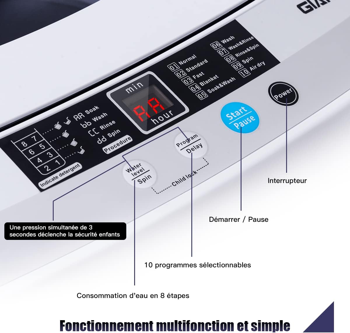 GOPLUS - lave-linge série - 50x50x85 cm - 4,5kg, 10 programmes, LED