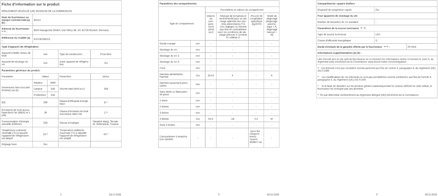 Bosch - Série 4 KGV36VBEAS - 186x60 cm - 214L/94L, noir, KGV36VBEAS
