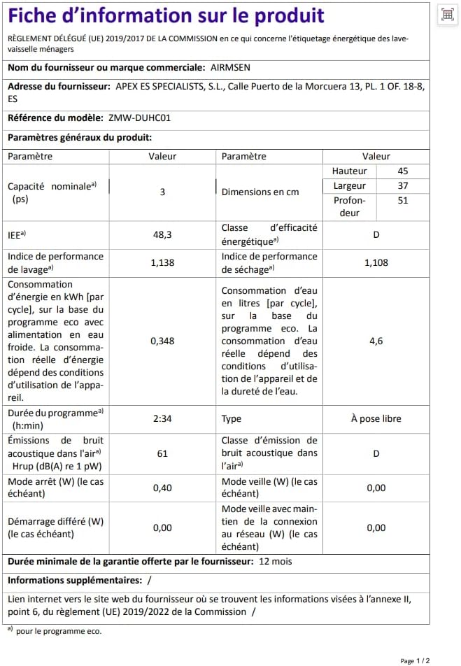 AIRMSEN - Mini lave-vaisselle série Ultra-Étroit - 37x50cm - 4 couverts, 7+2 programmes, départ différé, réservoir 5L
