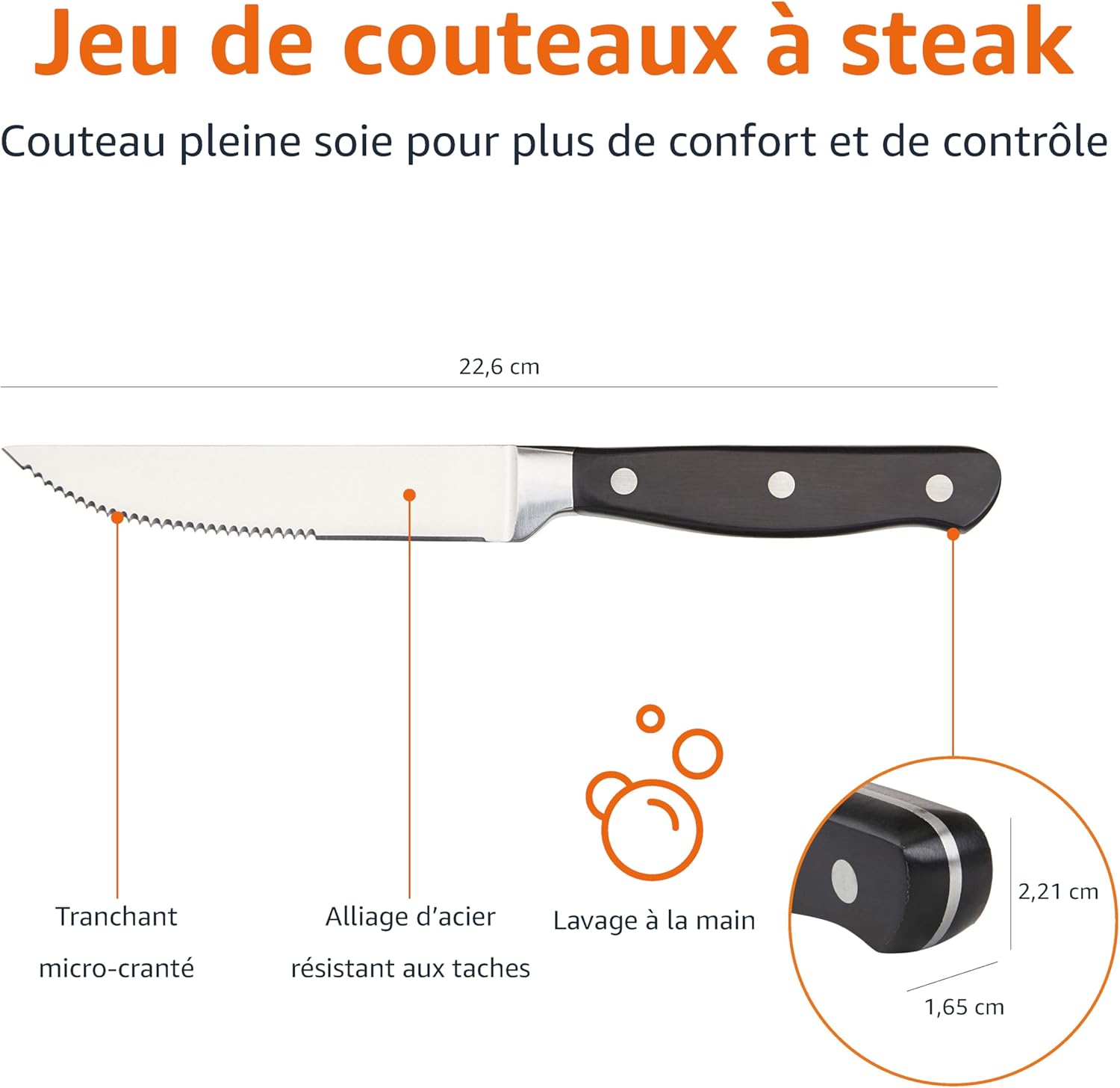 Amazon Basics - Set steak 8 pièces - Lames dentelées ergonomiques acier