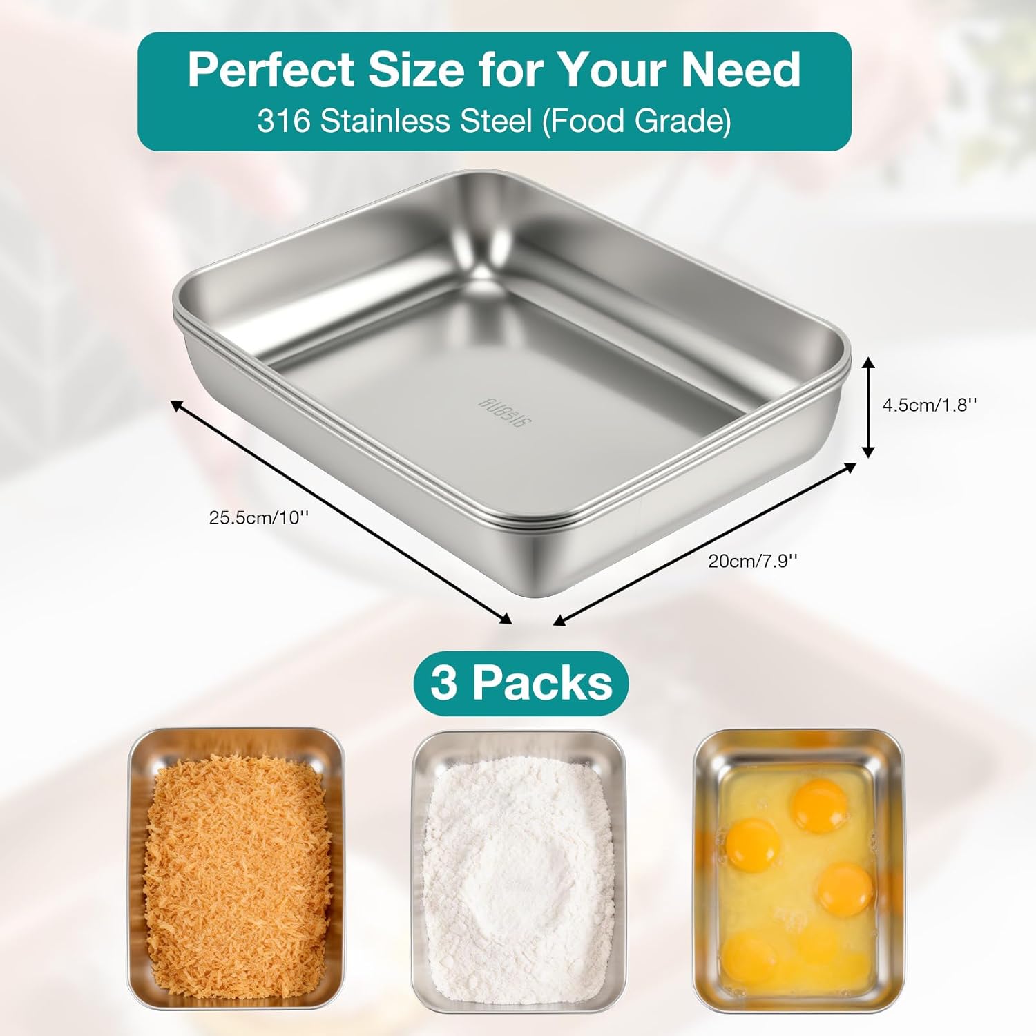 VINATO - Plateaux inox rectangulaires x3 - 25.5x20x4.5 cm - conservation alimentaire, cuisson, service