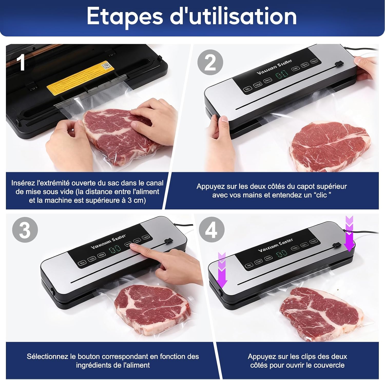 Machine sous vide alimentaire - 5 en 1 - 50 sacs inclus - mode humide/sec, multifonction