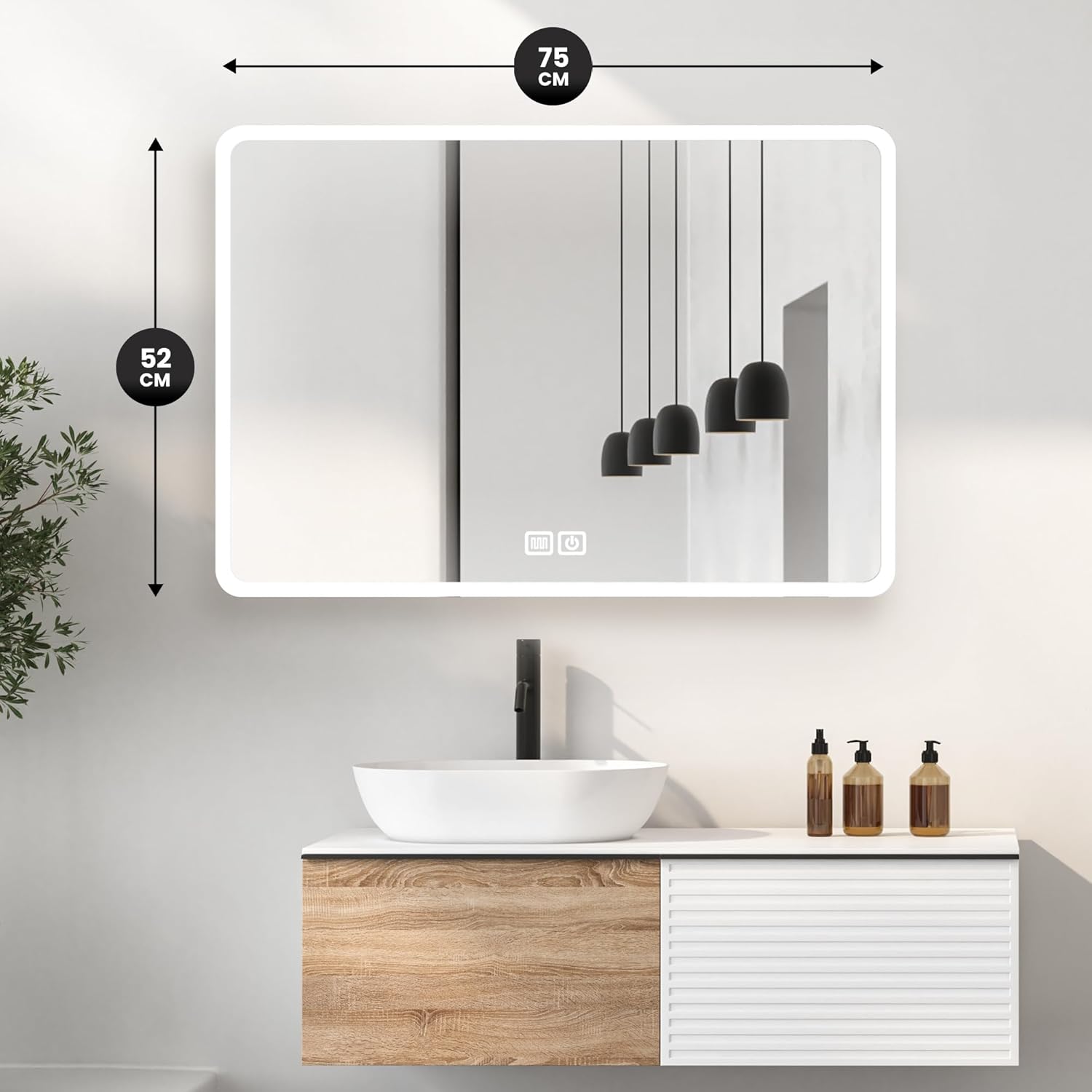 Bayt - miroir LED mural, 75x52cm, antibuée, 3 lumières, moderne