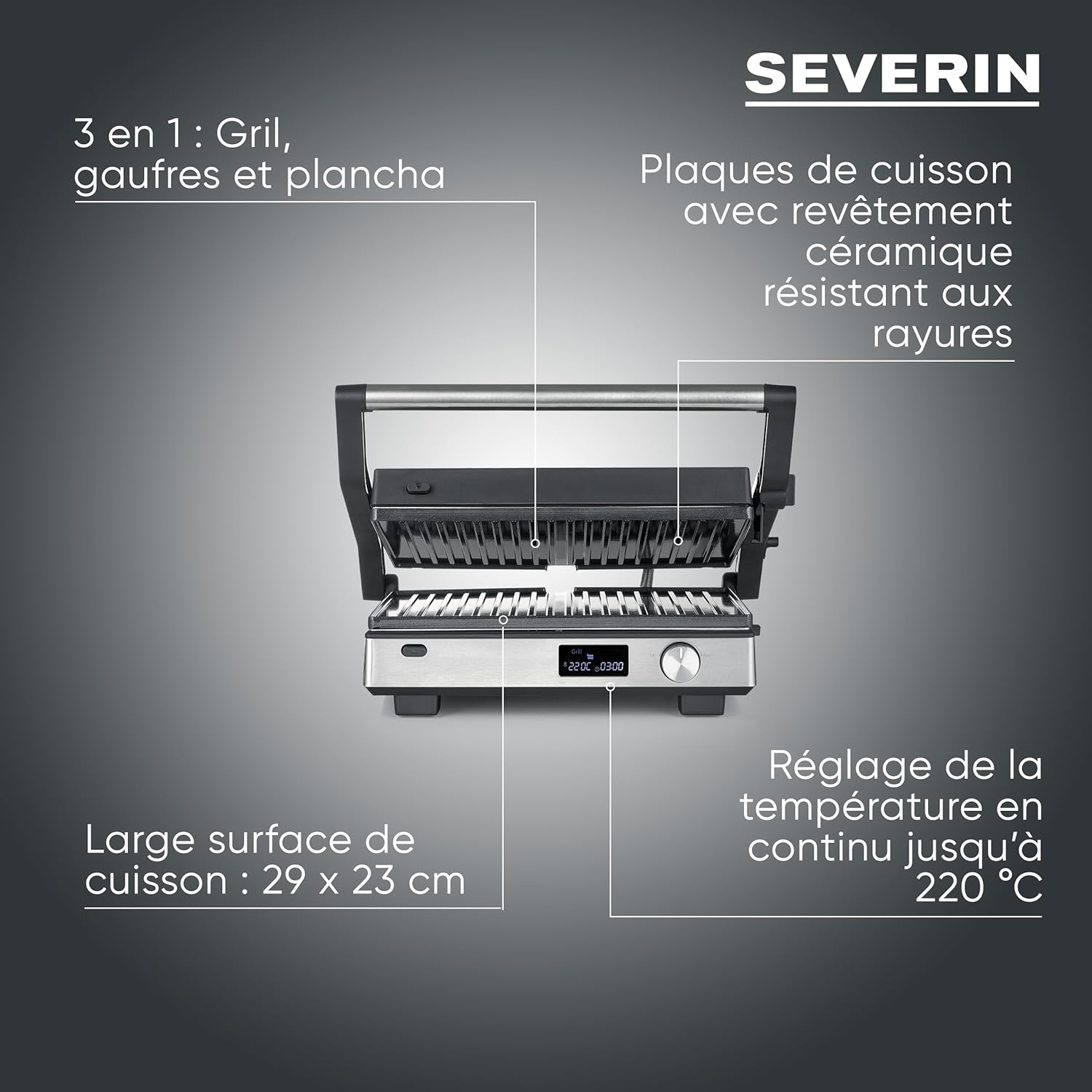 SEVERIN - SEVINI FLEX - 2000W - grill multifonction, plaques antiadhésives, inox/noir - KG 2380
