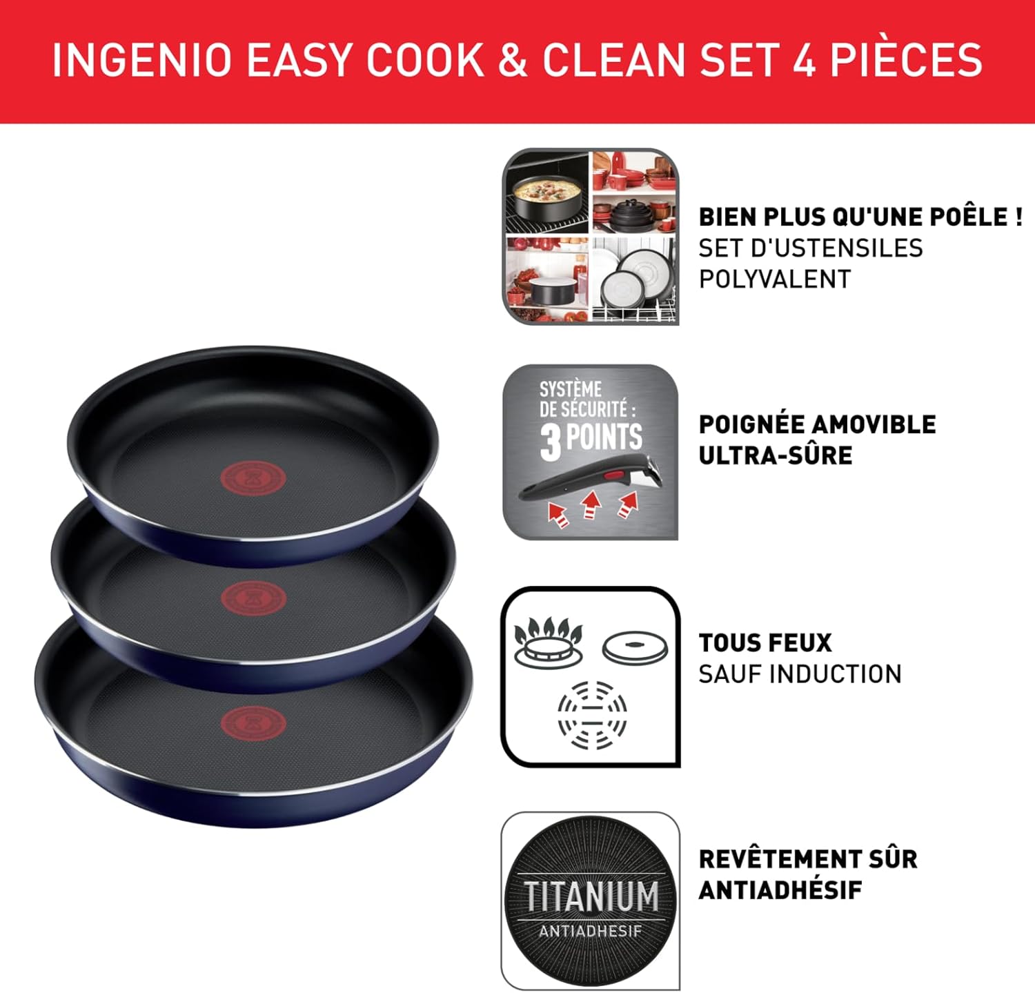 Tefal - Ingenio Easy Cook N Clean - 3 poêles 22/24/26 cm, poignée amovible, antiadhésif, sans induction, L1579002