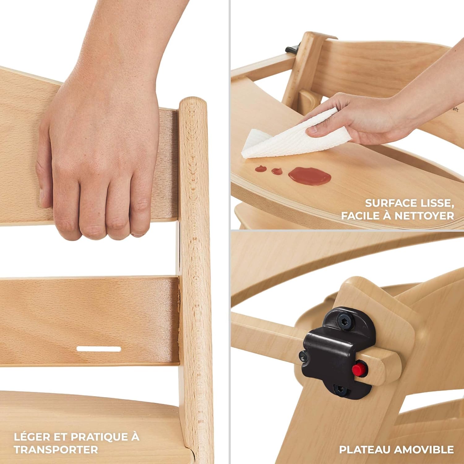 Kinderkraft - chaise haute ENOCK - bois naturel - 3 en 1, évolutive, réglable, plateau, très solide