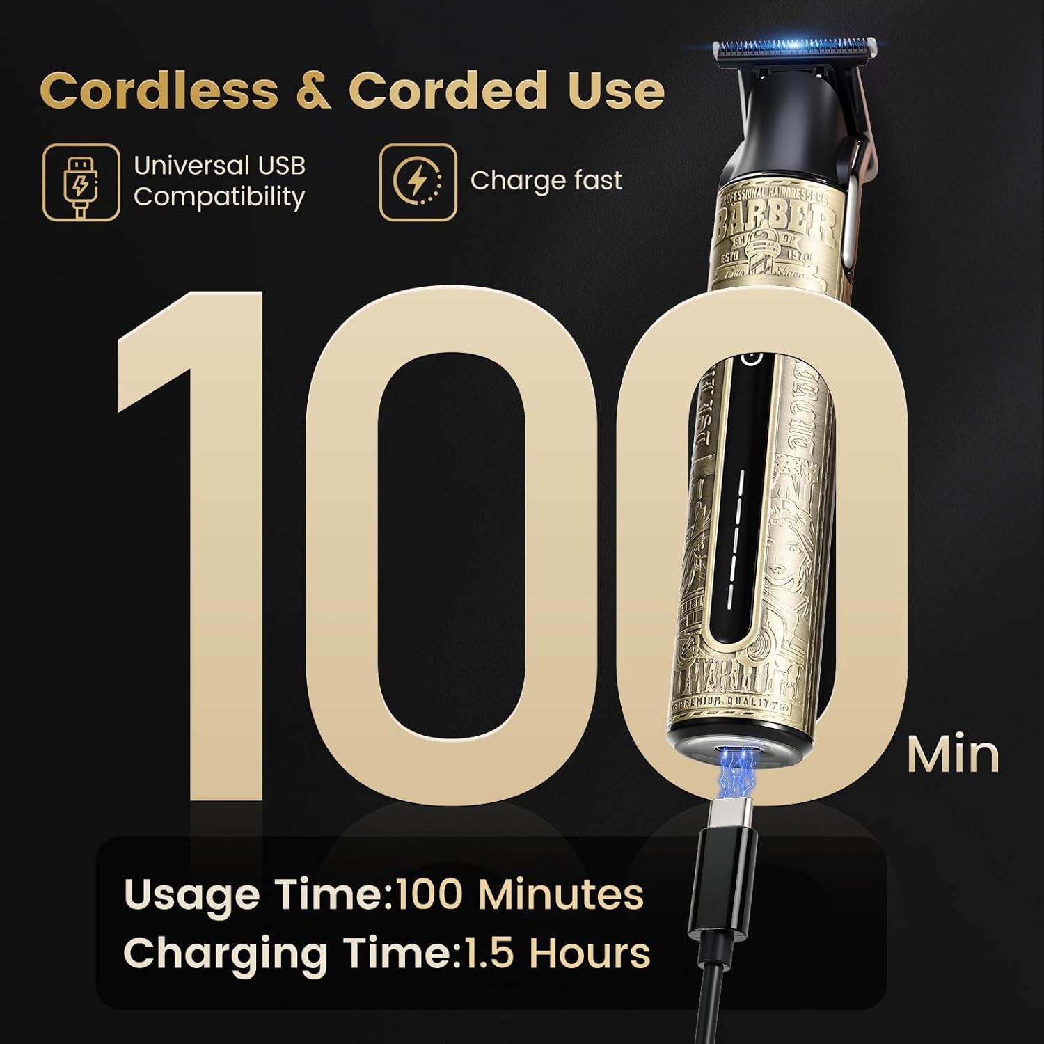 Tondeuse barbe homme - professionnelle - Charge USB Type C - 4 sabots magnétiques, IPX6, usage sec/humide