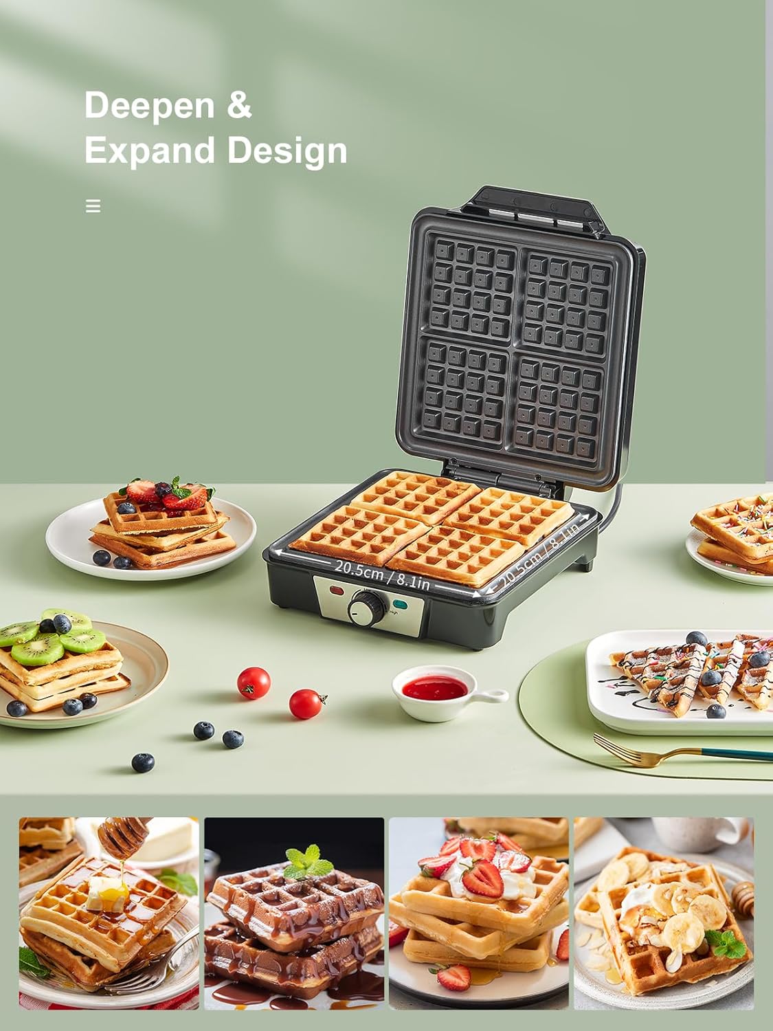 Gaufrier belge électrique - 1200W, 5 vitesses, poignée isolante, lumière cuisson