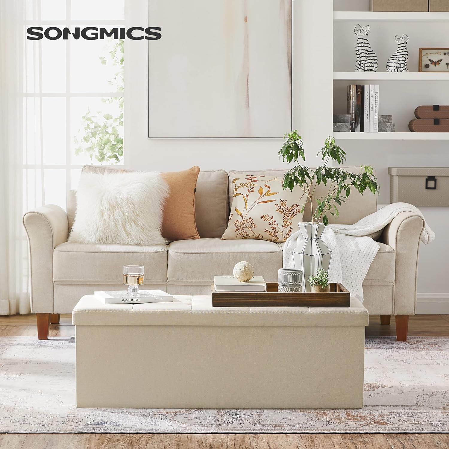 SONGMICS - banc de rangement pliable, 110x38x38 cm, 300 kg, blanc crème LSF77BE