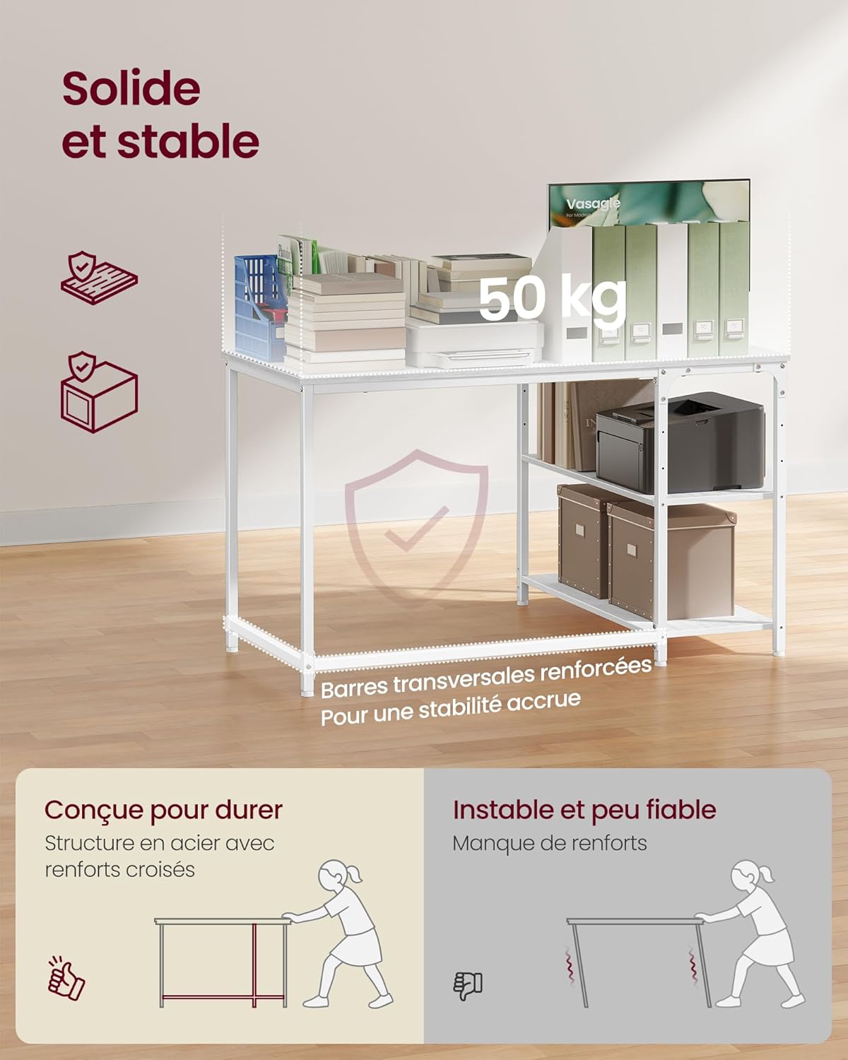 VASAGLE - Bureau en L avec rangement, étagères réglables, 110x80 cm, LWD135WF01