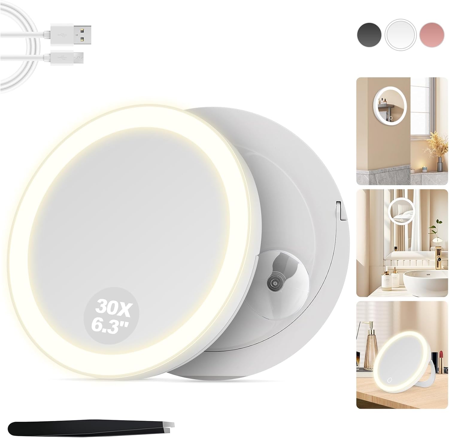 Miroir grossissant - 30x - éclairage LED, ventouse, lumière variable, blanc