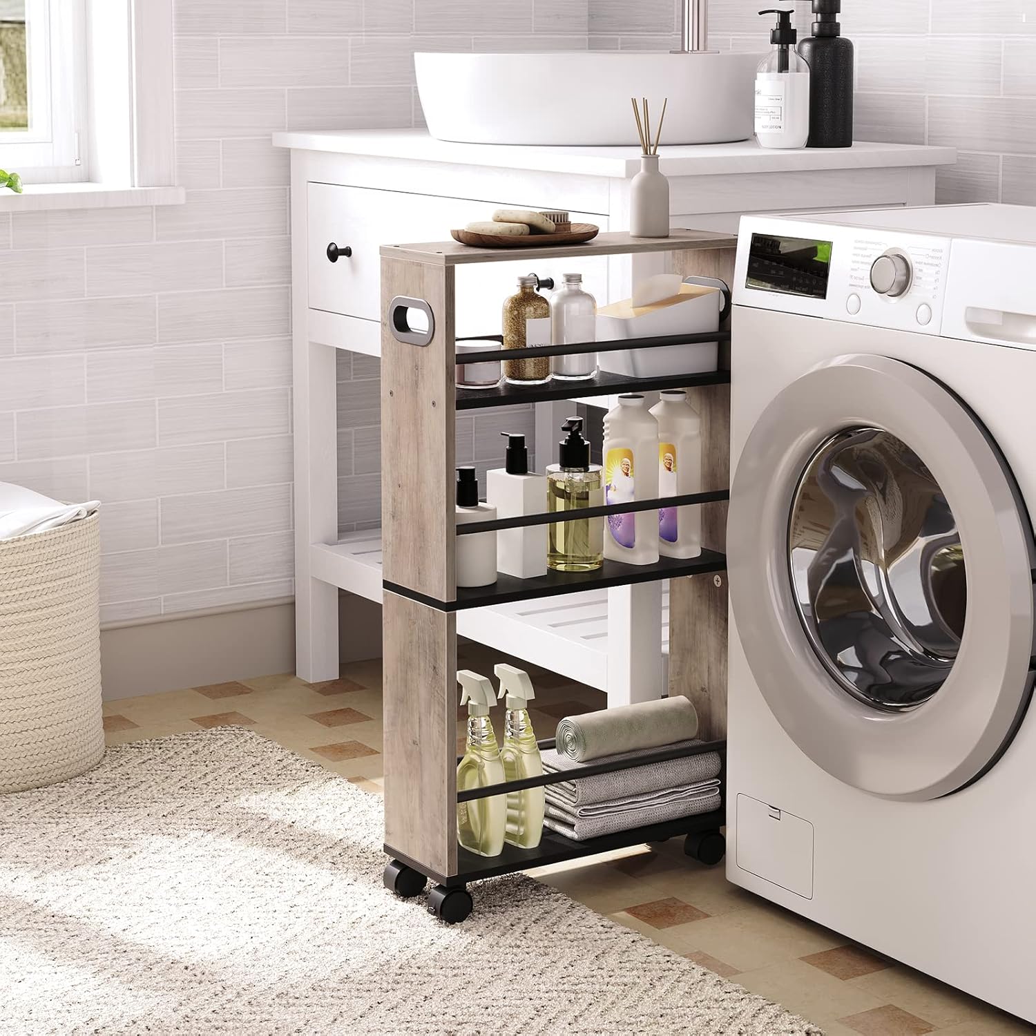 HOOBRO - chariot de rangement 4 niveaux, roulettes, poignée, bords relevés, mince, EBG15TC01