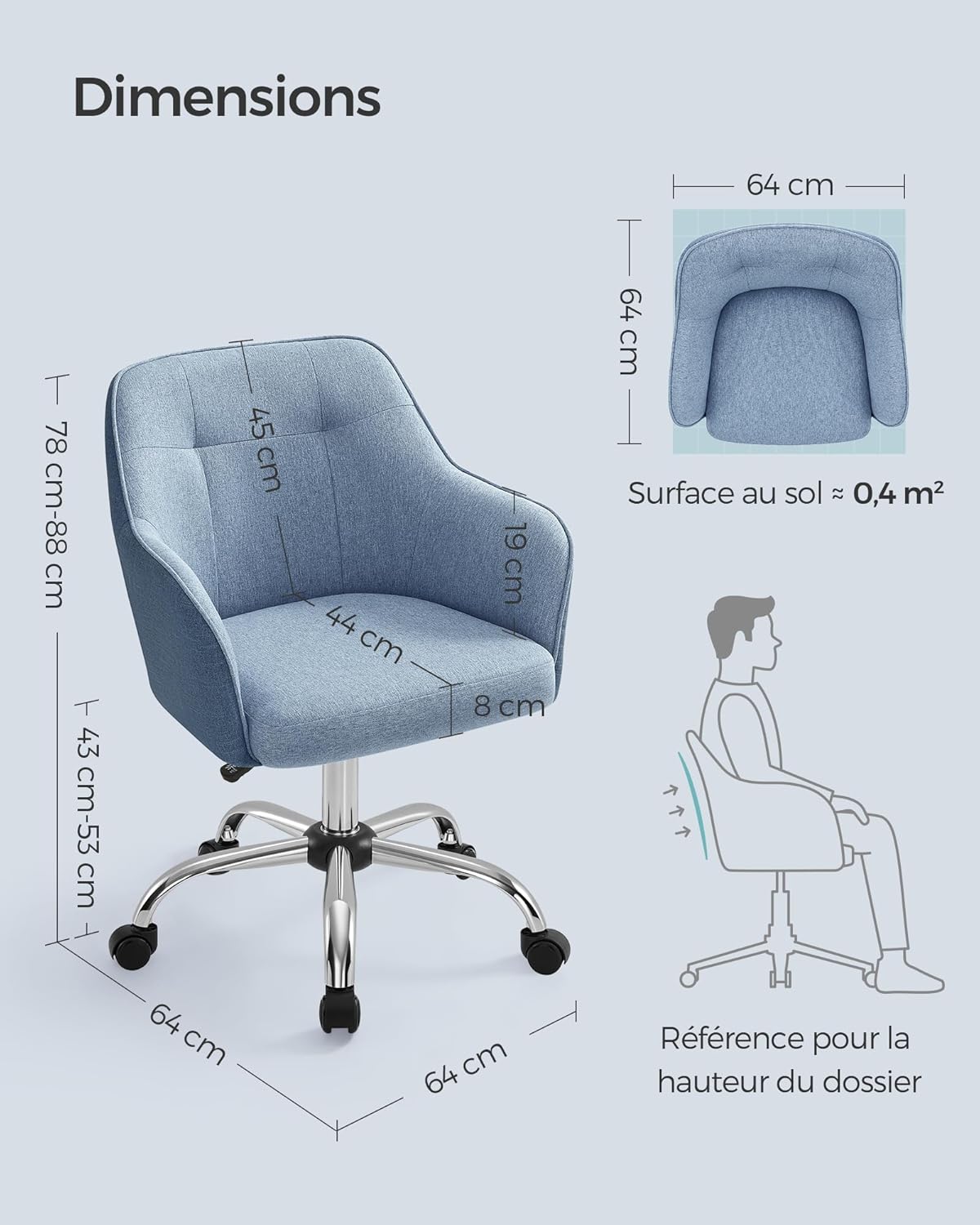 SONGMICS - fauteuil de bureau ergonomique, cadre acier, tissu coton-lin, bleu, réglable, 110kg - OBG019Q01