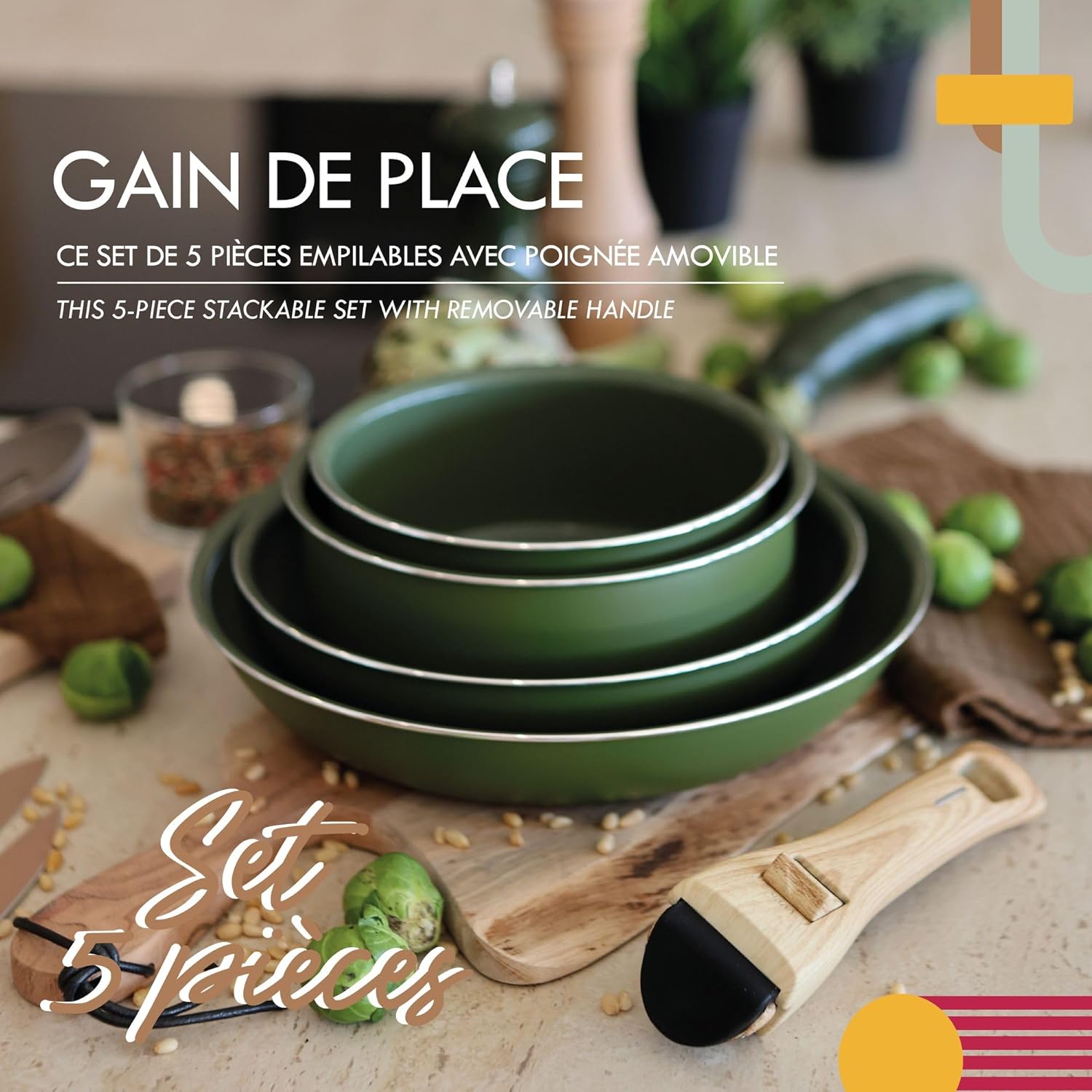 MENASTYL - Colorama batterie cuisine amovible, olive, induction, 4 pièces + poignée