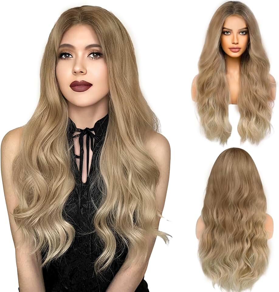 Perruque longue ondulée femme 68cm, synthétique, centre, blonde