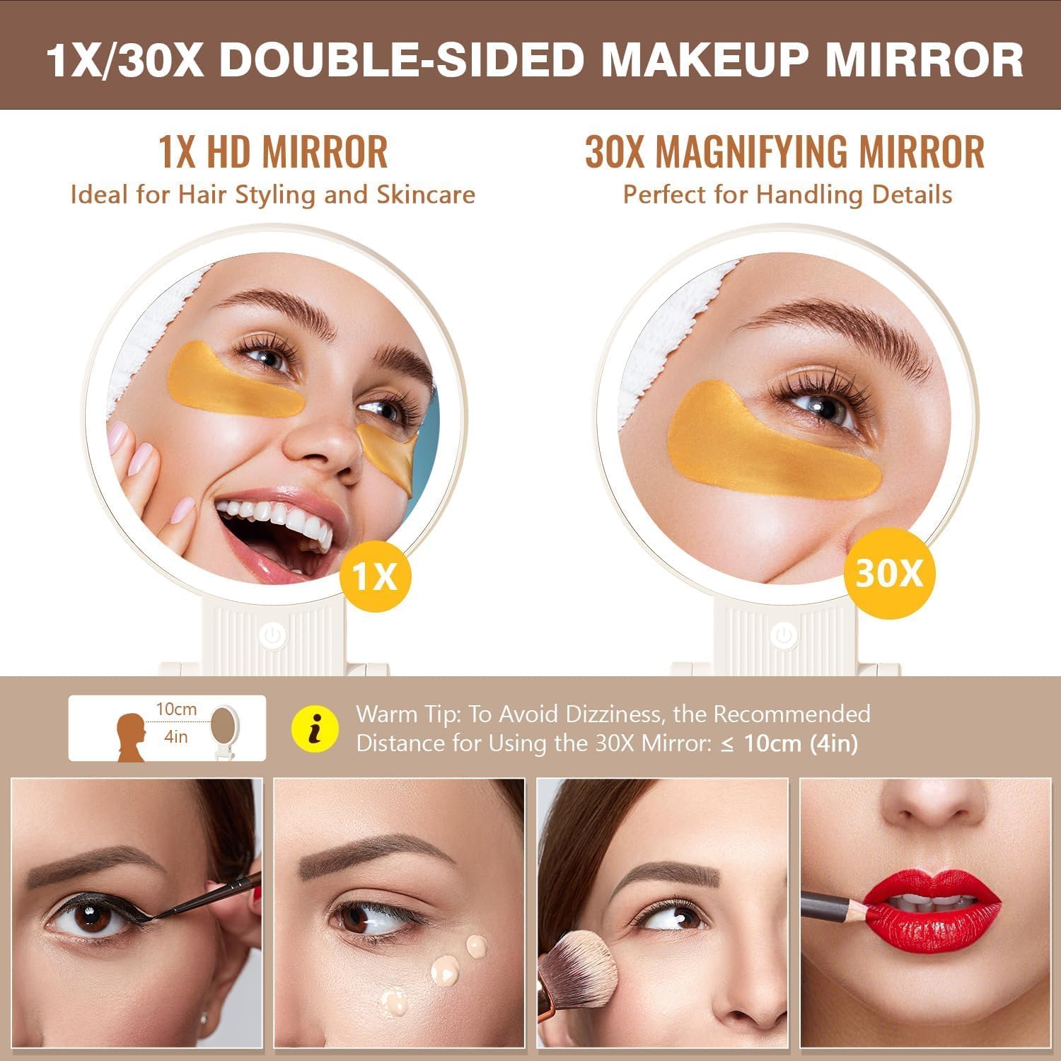 Auxmir - miroir maquillage double face 30X/1X, LED, rechargeable, pliable