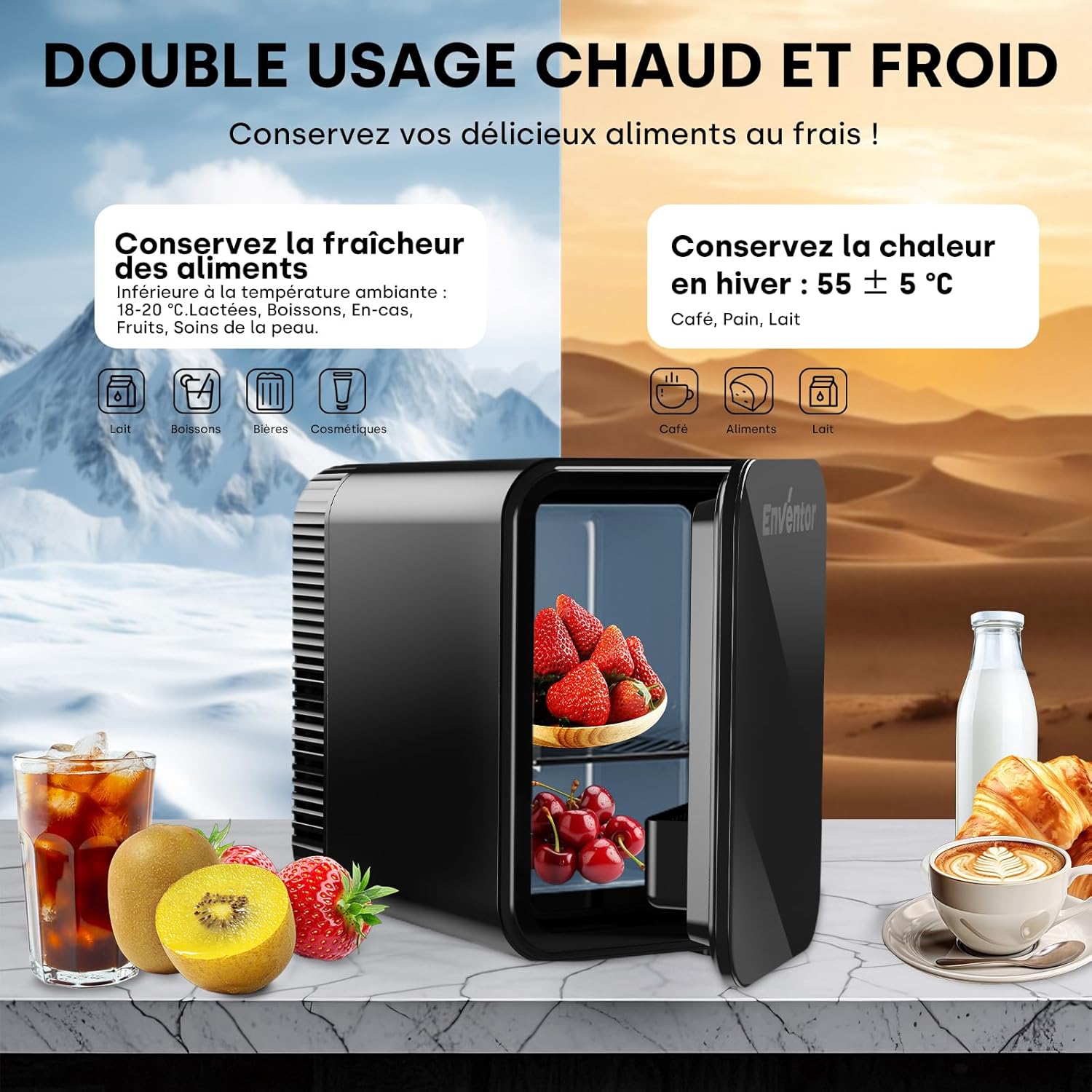 Enventor - Mini-Frigo 4L - compact, 6 canettes, 12V/220V, froid/chaleur