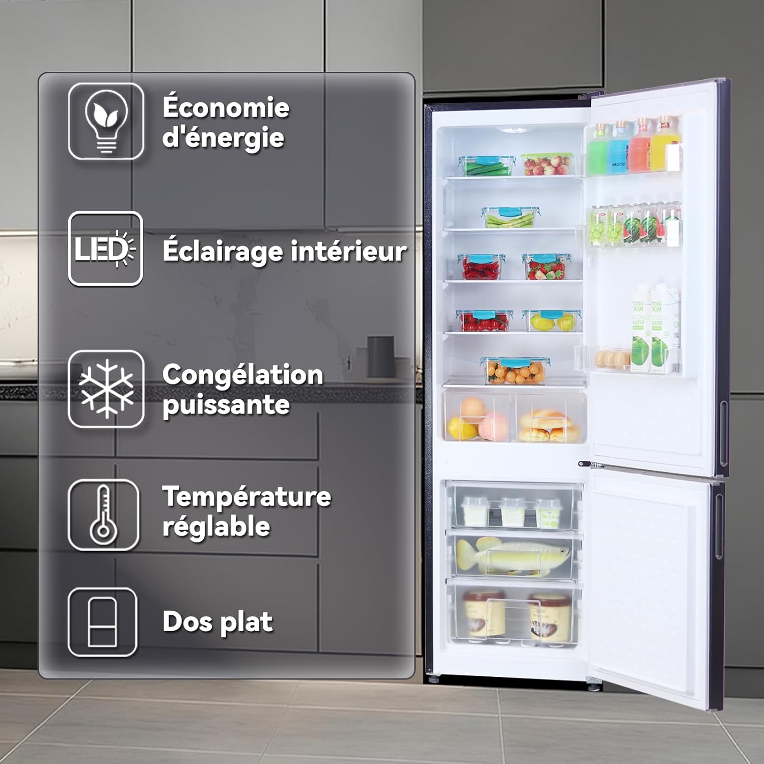 magictec - combiné réfrigérateur/congélateur - 266L - No Frost, LEDs, métallique