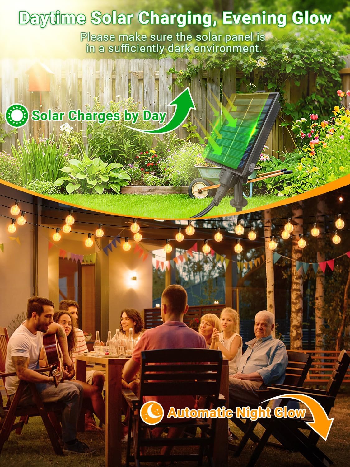 Guirlande Solaire Extérieure - G40 - 7.5m, 10+1 ampoules, 8 modes, IP44