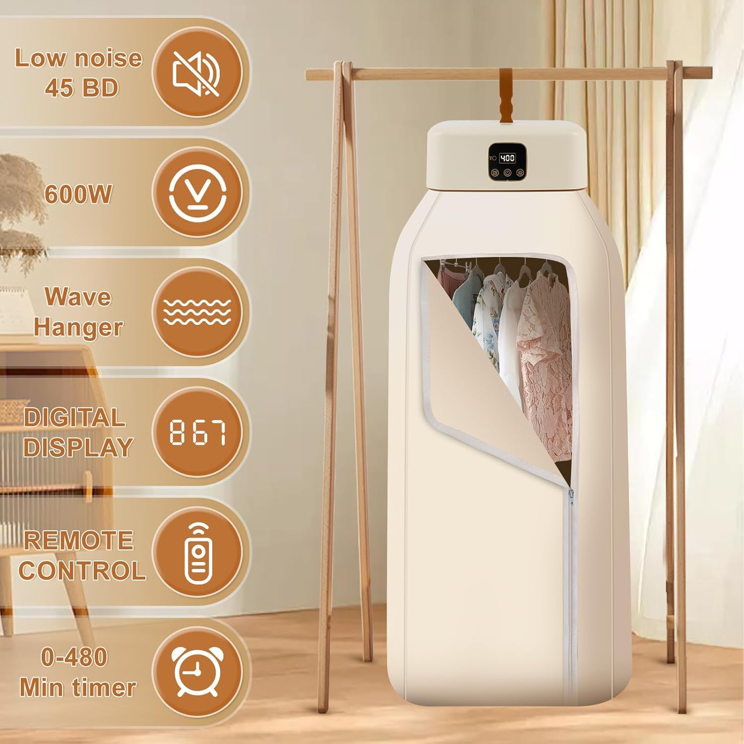 Sèche-linge portable - mini pompe à chaleur, 600 W, UV, sac séchage, minuterie, PTC, affichage LED