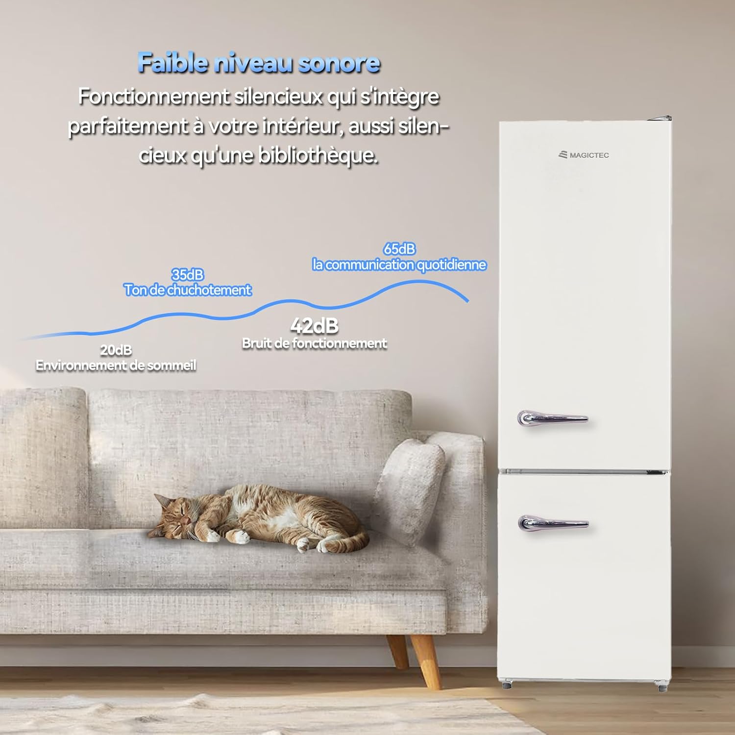 magictec - réfrigérateur vintage 179cm, 236L, No Frost, alarme, crème