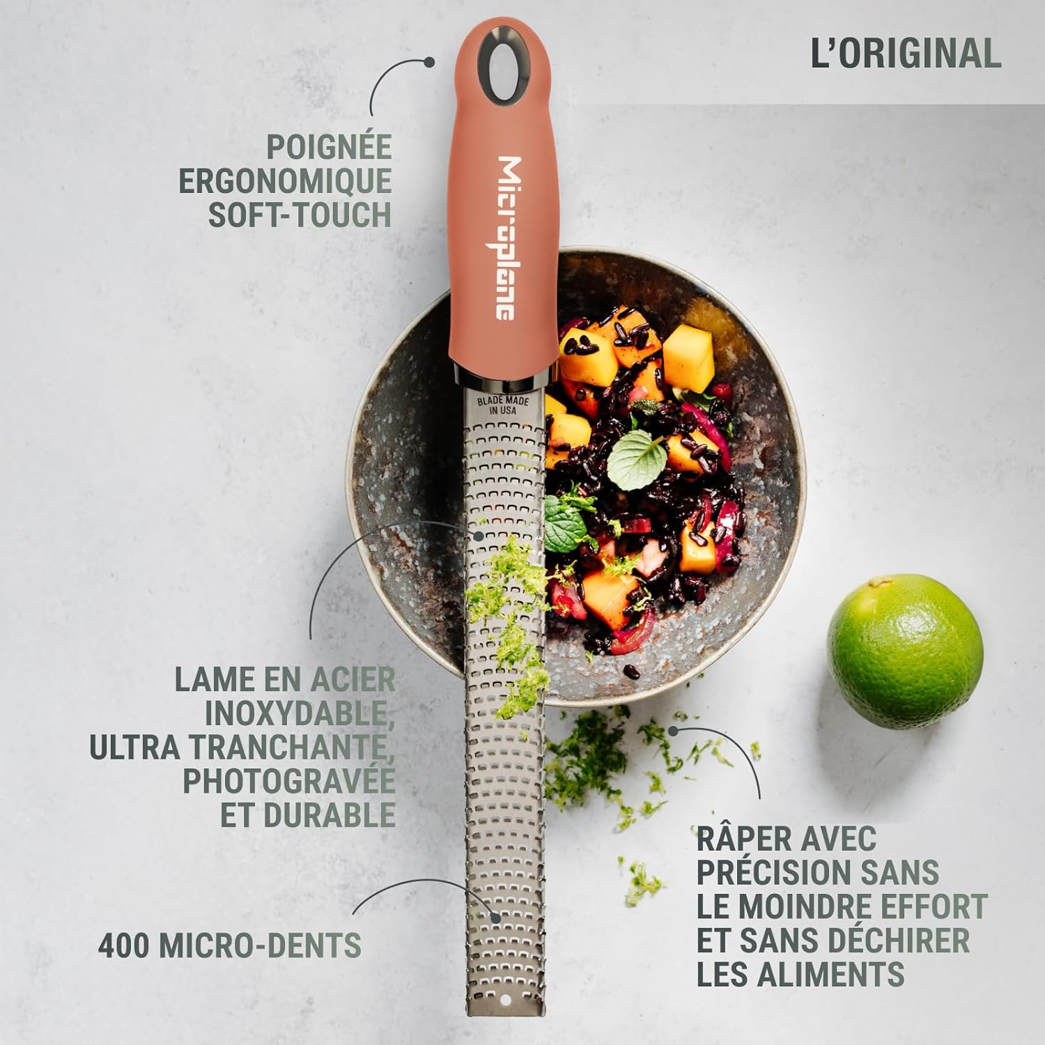 Microplane - Zesteur série Cannelle - lame fine - agrumes, parmesan, gingembre, chocolat, noix de muscade - Fabriqué aux