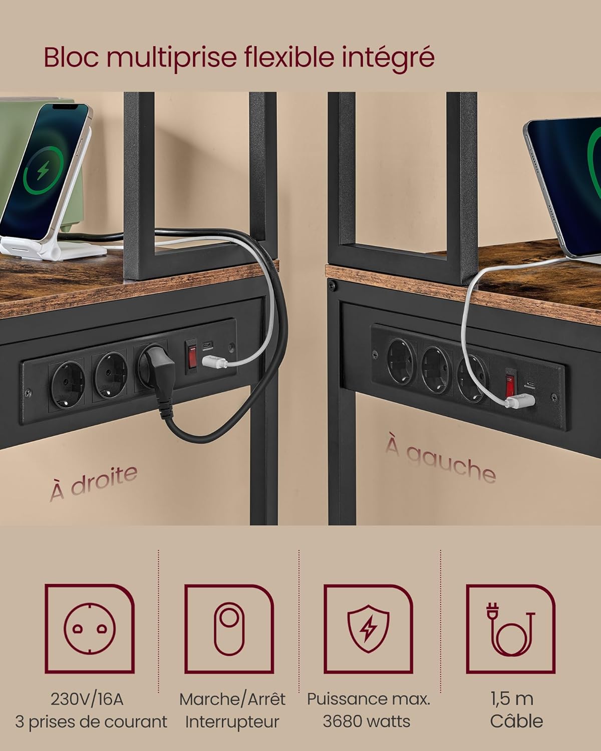 VASAGLE - étagère cuisine LED, multiprise, 8 crochets - 40x80x168,4 cm - KKS050KD01