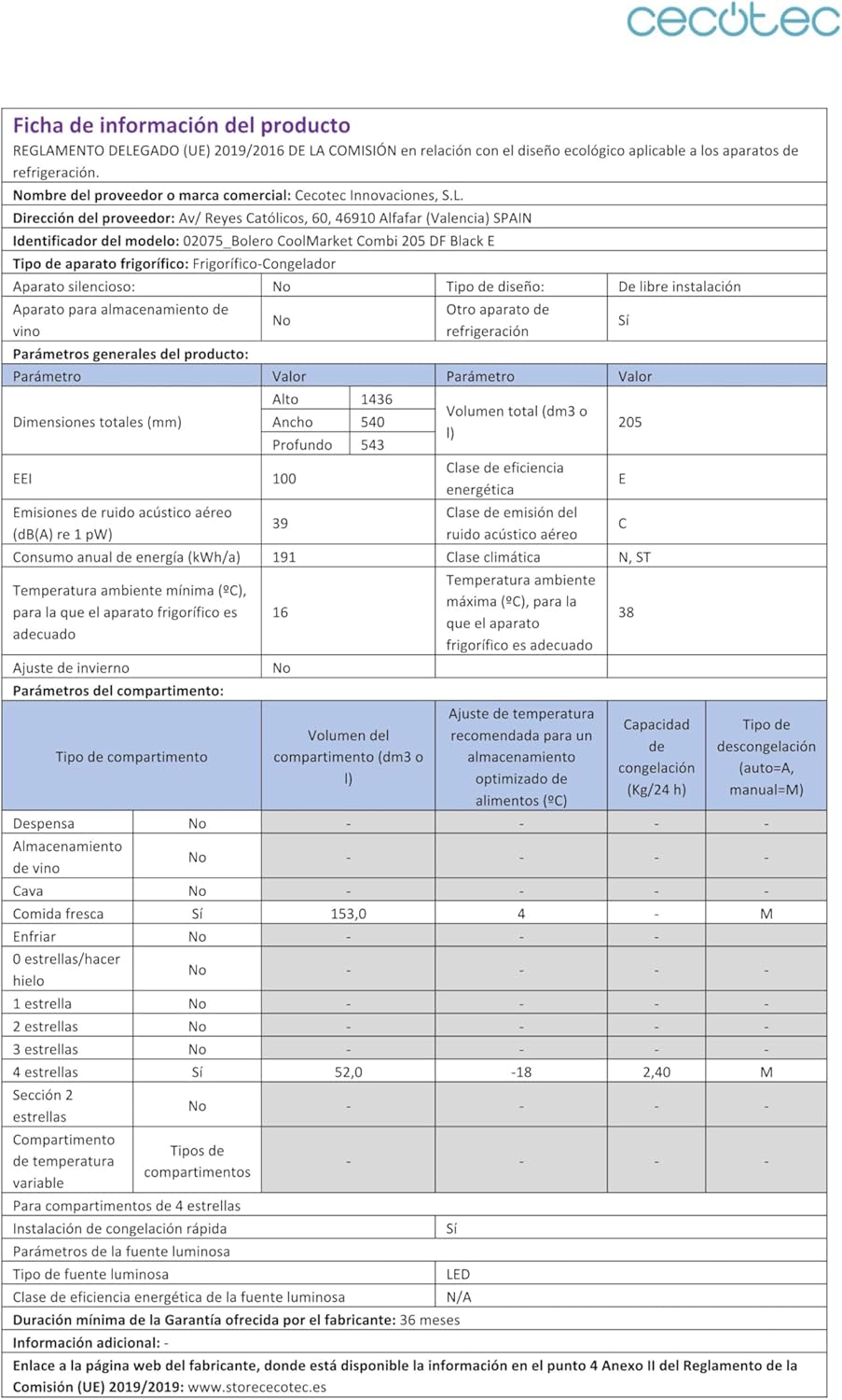 Cecotec - Bolero CoolMarket Combi 205 - 169x54cm, 117L, Fast Cooling, Classe E, DF