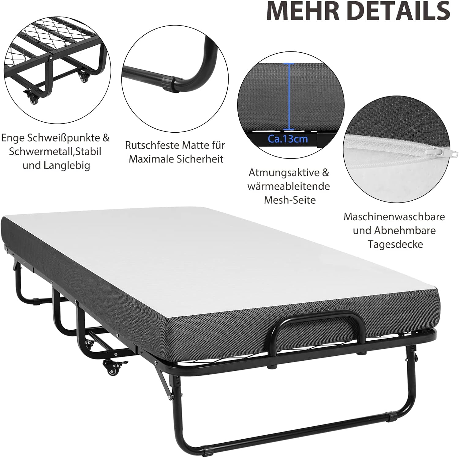 DICTAC - lit pliant 90x200 cm, matelas mémoire de forme, avec roulettes