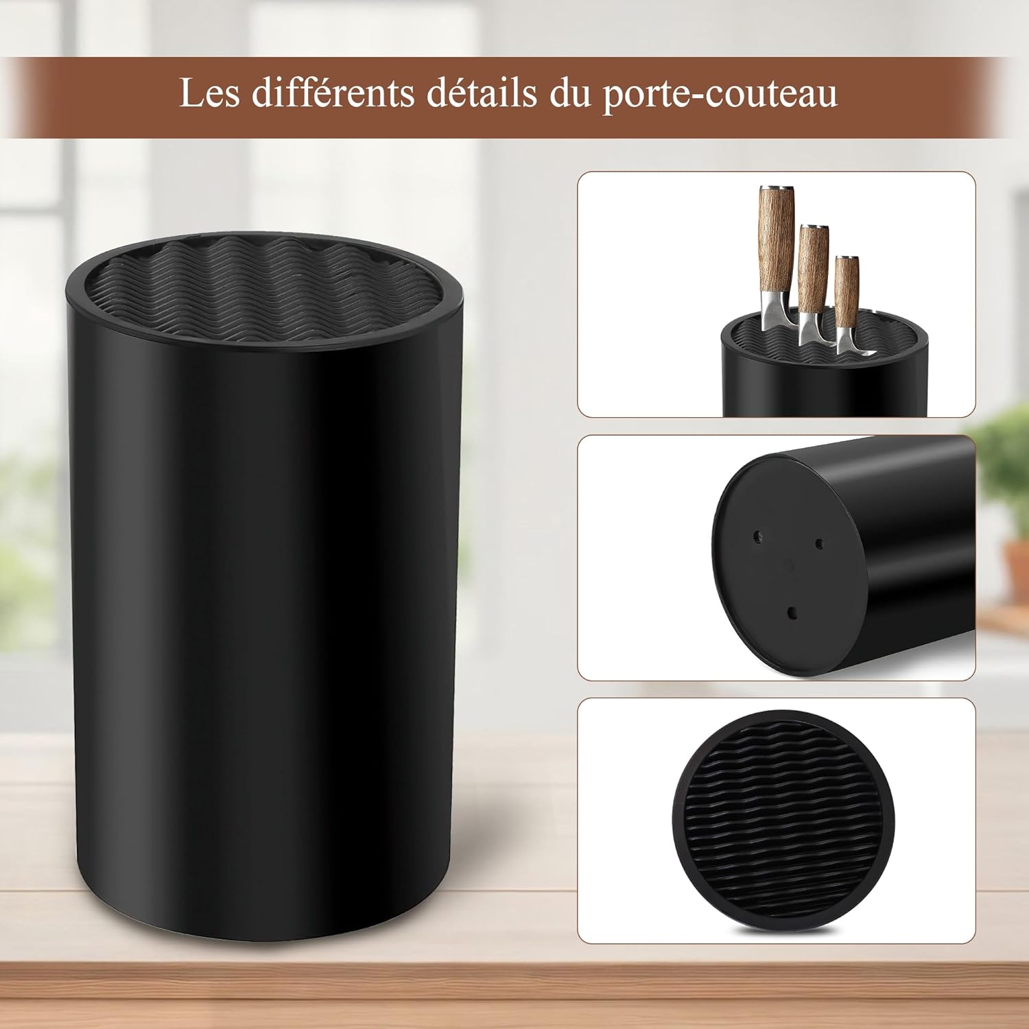 Bloc couteaux cuisine noir - design ondulé, support 20 couteaux - antidérapant, ventilé, rangement boîte