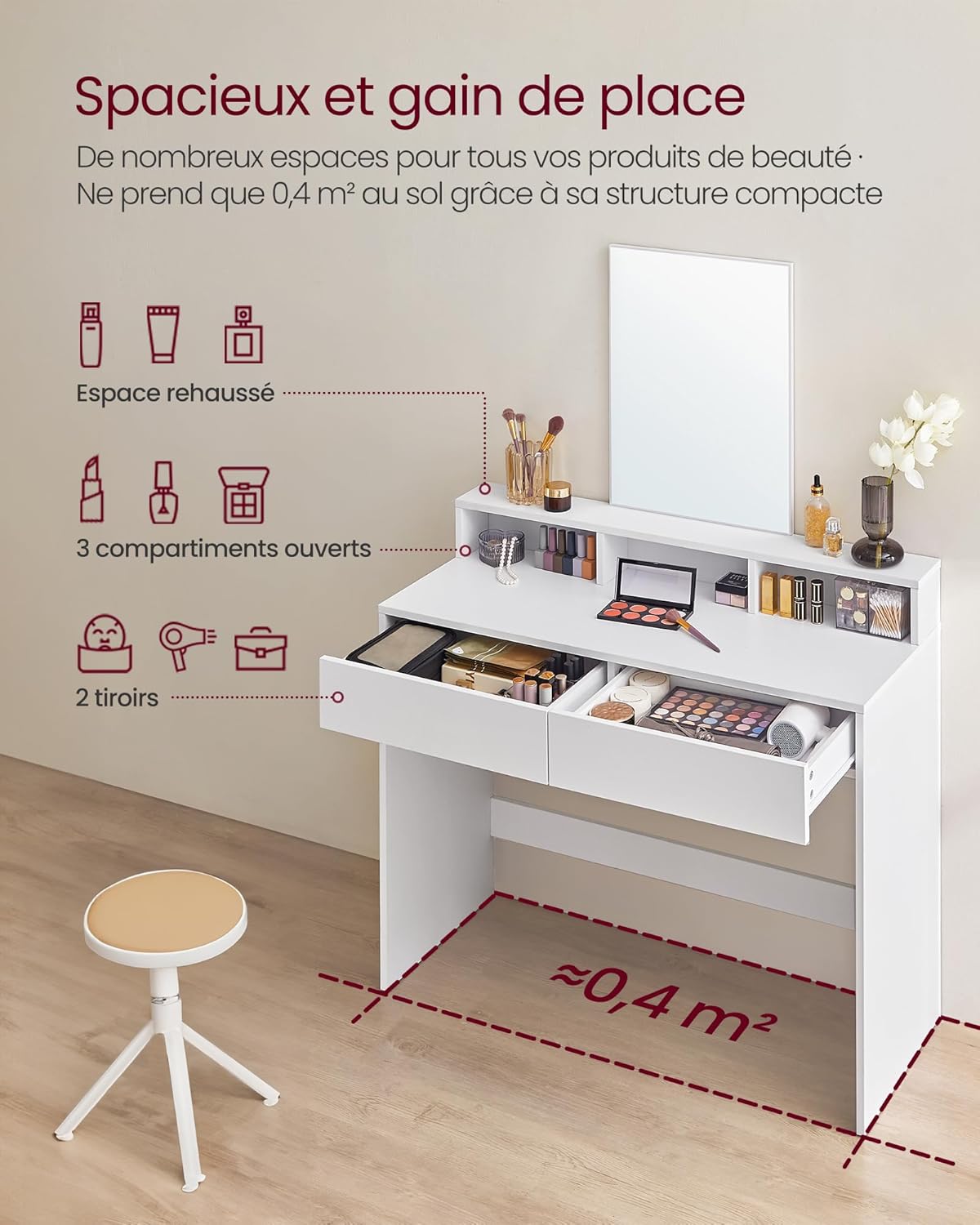 VASAGLE - KAILYN Collection - 100x40x140 cm - coiffeuse, miroir, 2 tiroirs, 3 compartiments RDT163W01