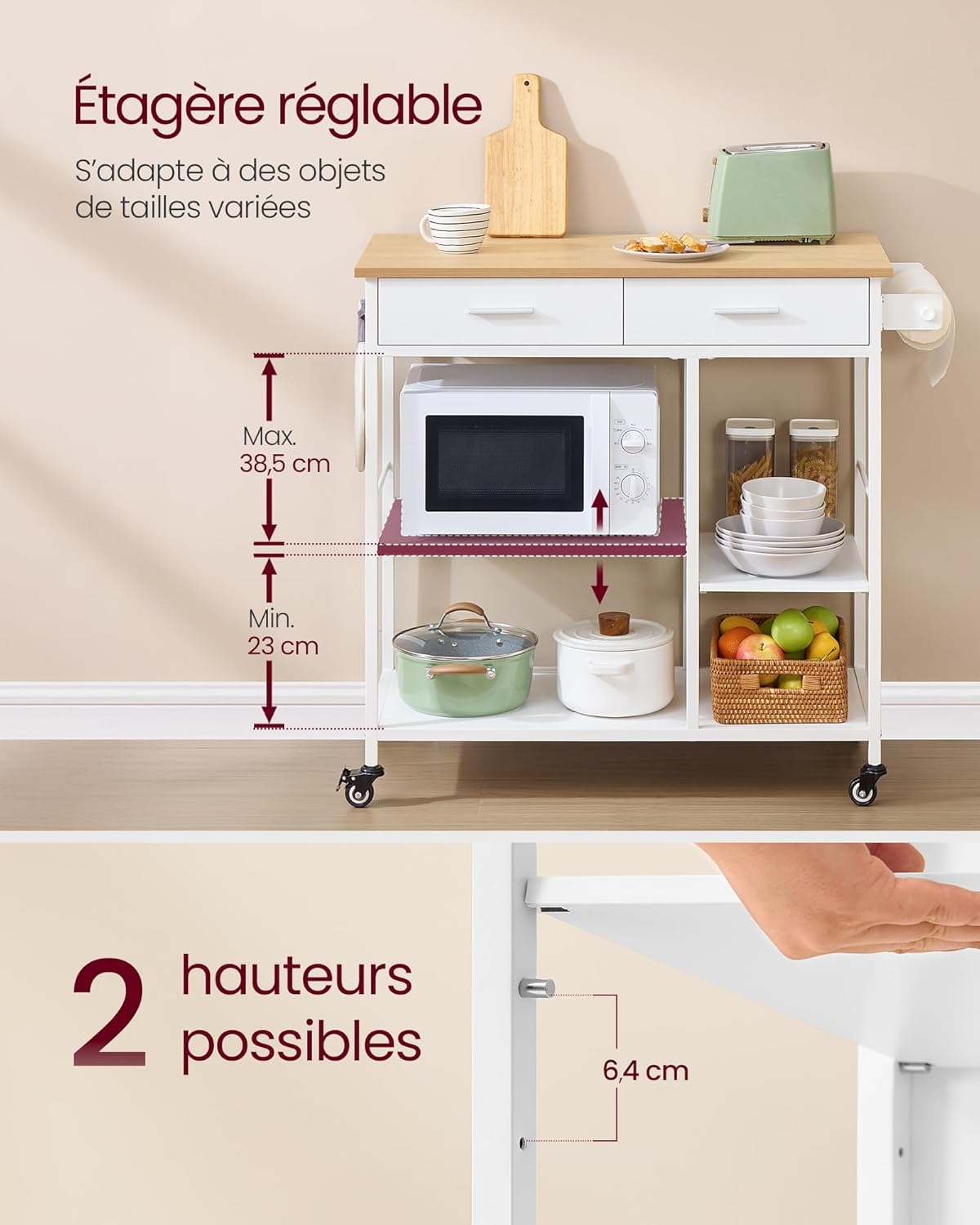 VASAGLE - Îlot cuisine mobile, 98,7x45x90cm, tiroirs, crochets, KKI010Y01