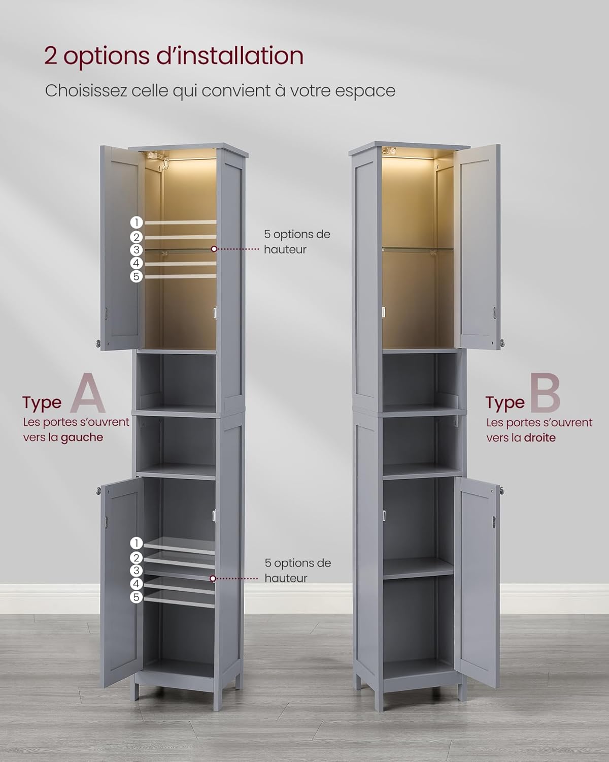 VASAGLE - Armoire haute salle de bain, étagères réglables, éclairage, BBC566G03