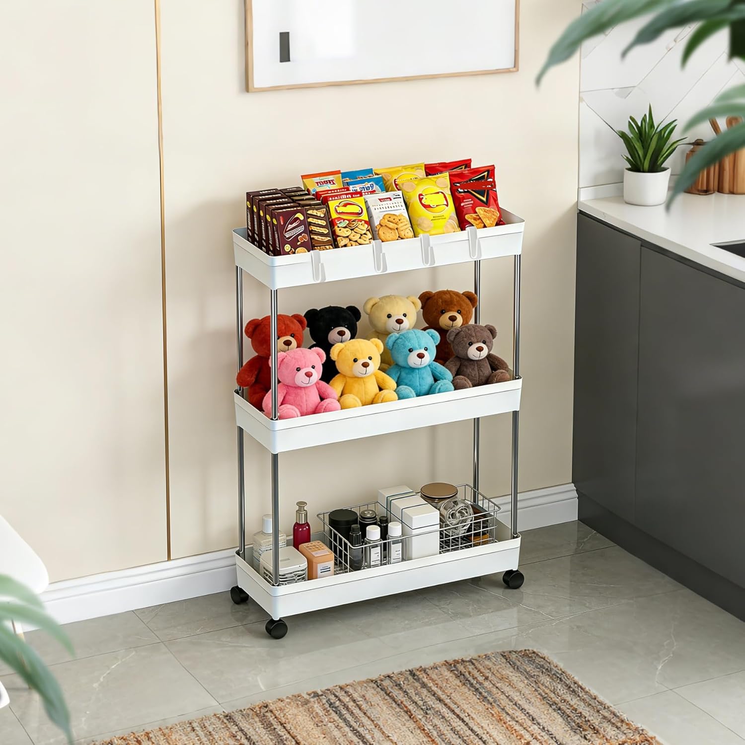 Chariot de rangement 3 niveaux, étagère mobile, blanc, compact, cuisine/salle de bain