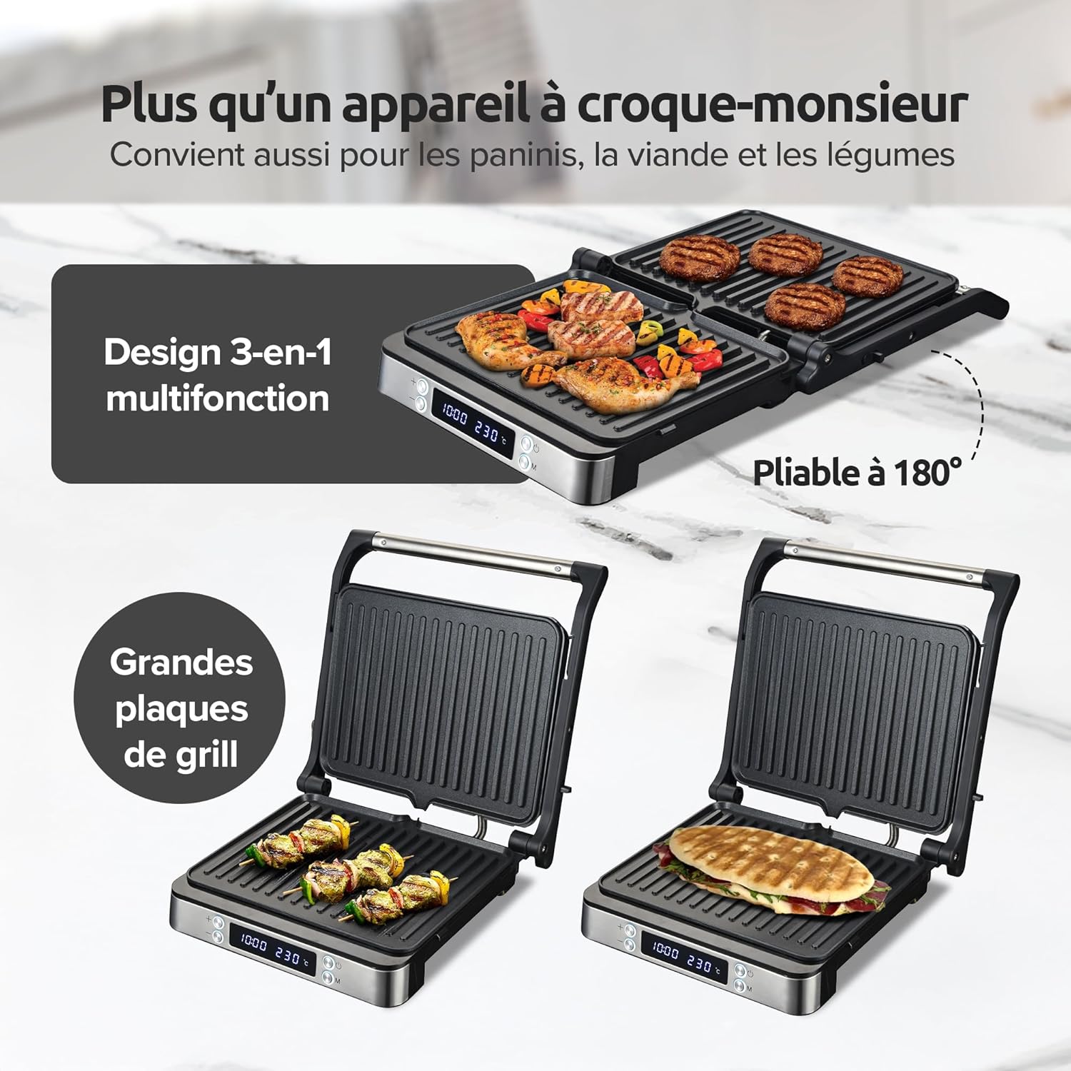 Olvy - Appareil 3-en-1 XXL - 2000W - plaques antiadhésives, ouverture 180°, température réglable, minuterie