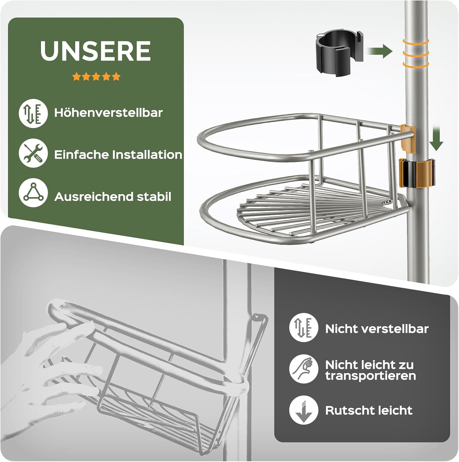 HAMITOR - Etagère douche télescopique, 121-314cm, 4 niveaux, métal, sans perçage
