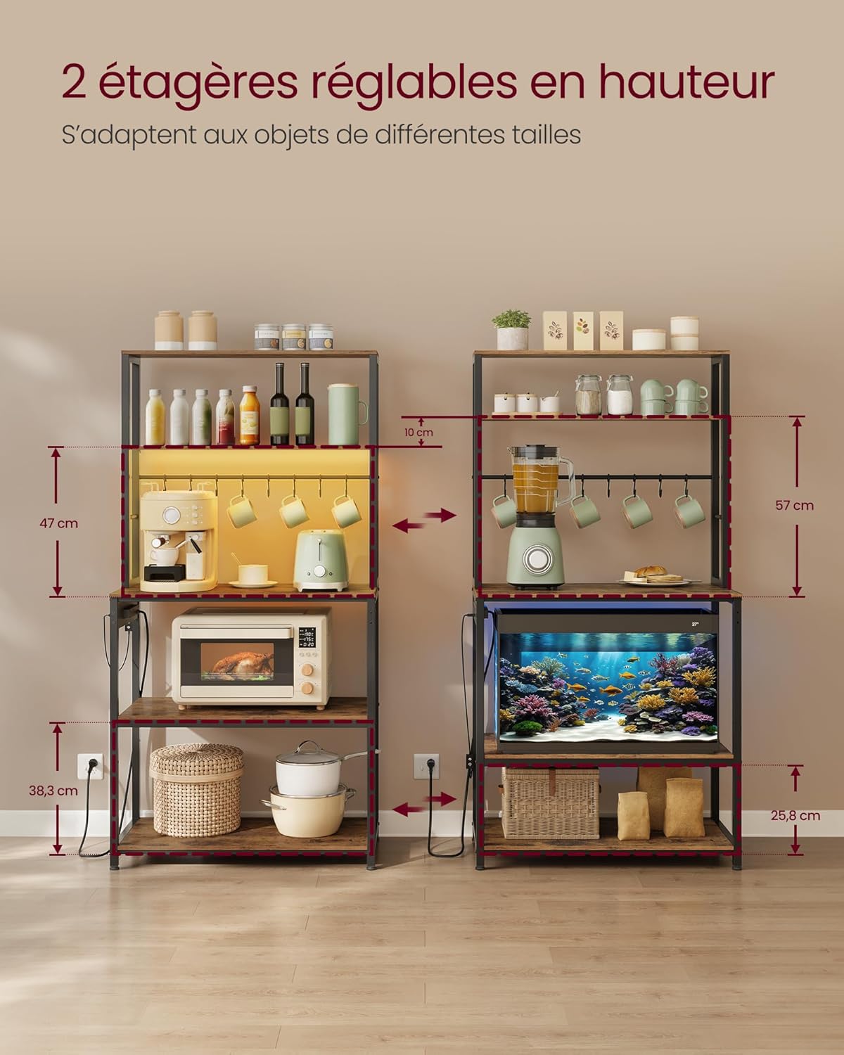 VASAGLE - étagère cuisine LED, multiprise, 8 crochets - 40x80x168,4 cm - KKS050KD01