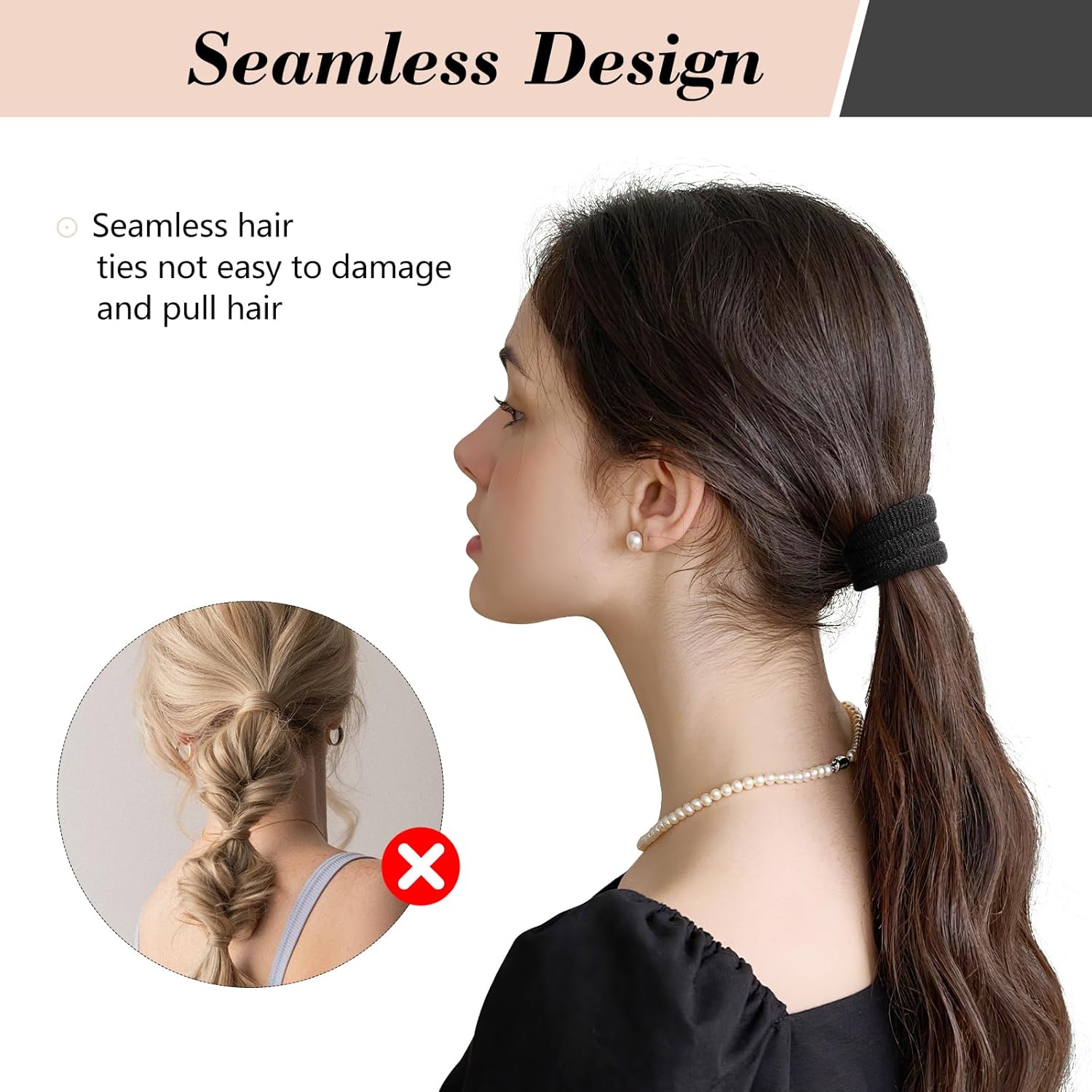 Élastiques à cheveux - lot de 50, 4,5 cm, noirs, sans métal, femmes/hommes/enfants