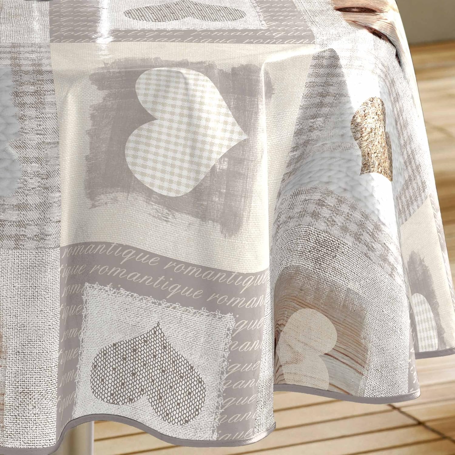 Douceur d'Intérieur - Cosy Coeur - nappe ronde 160 cm - PVC imprimé naturel
